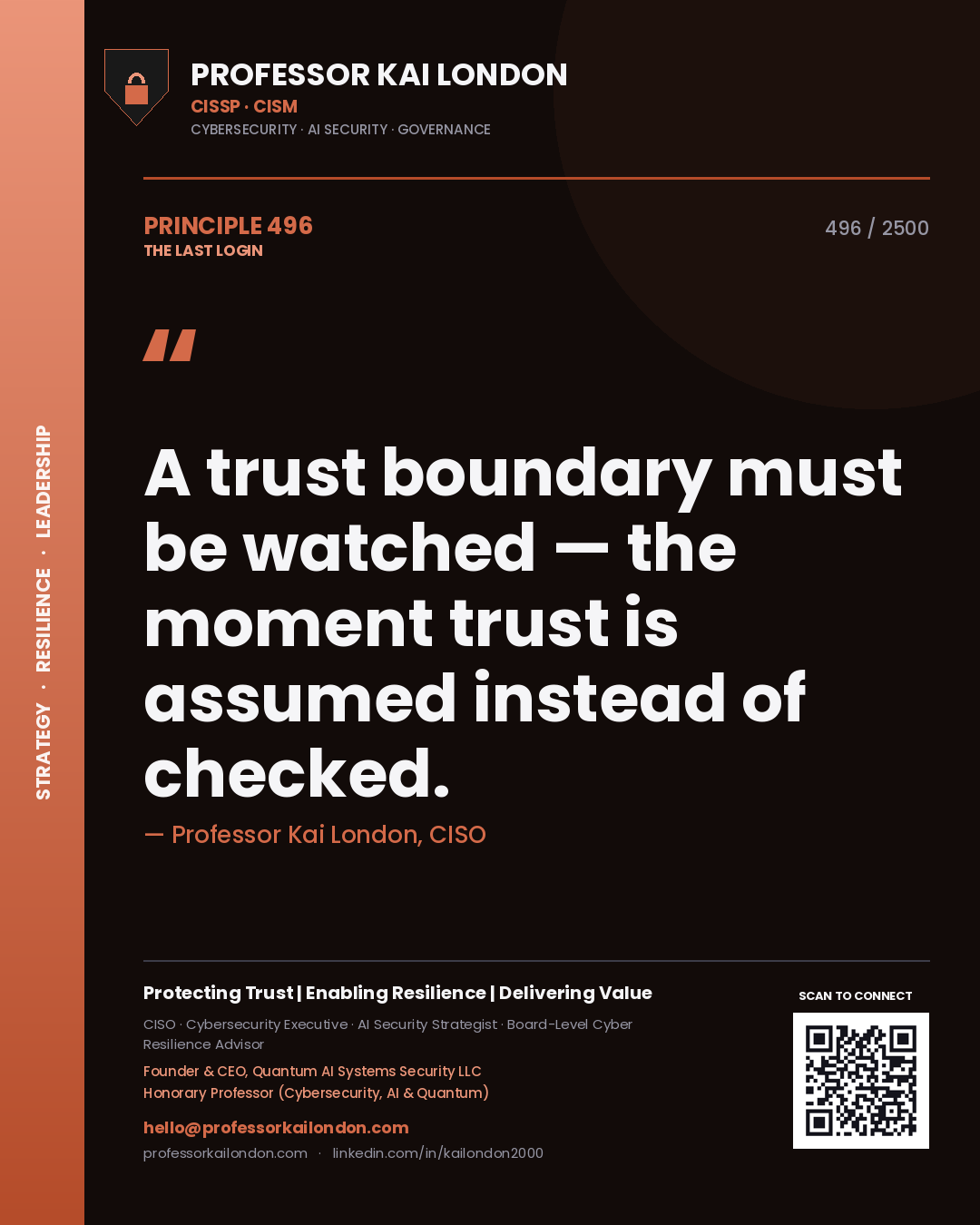 Professor Kai London principle 496: A trust boundary must be watched — the moment trust is assumed instead of checked.
