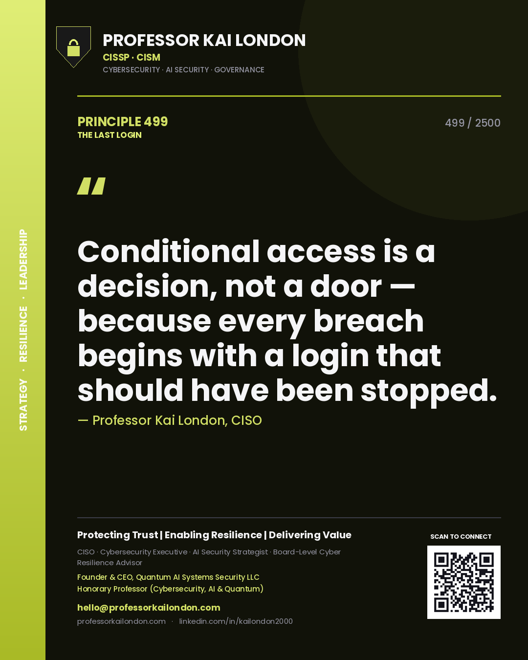 Quote card by Professor Kai London reading 'Conditional access is a decision, not a door — because every breach begins with a login that should have been stopped.'. From the book The Last Login.