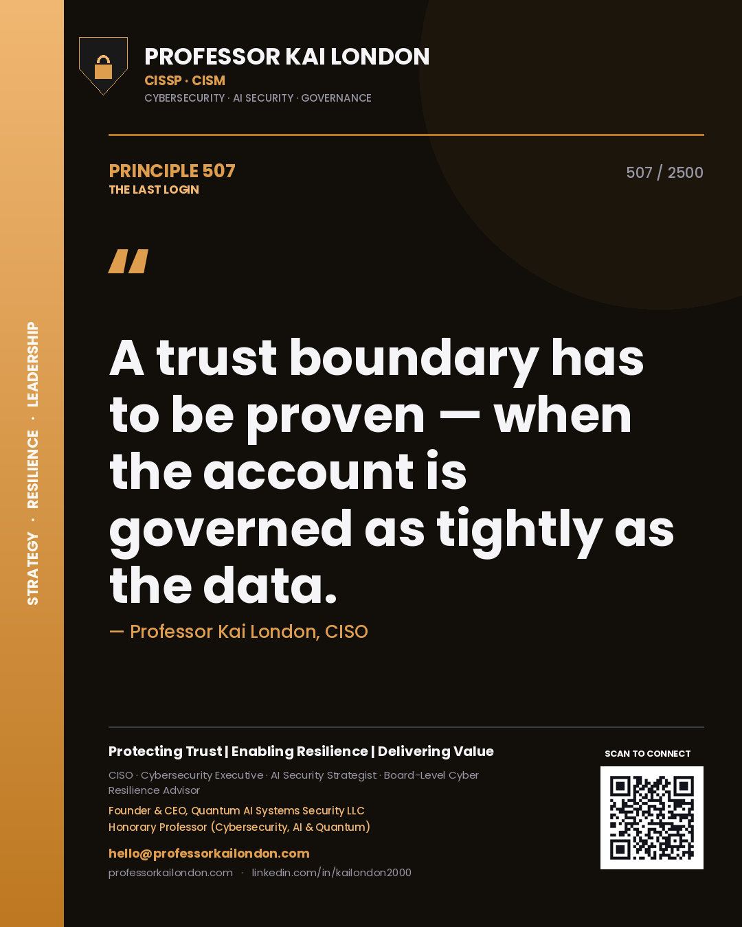Quote card by Professor Kai London reading 'A trust boundary has to be proven — when the account is governed as tightly as the data.'. From the book The Last Login.