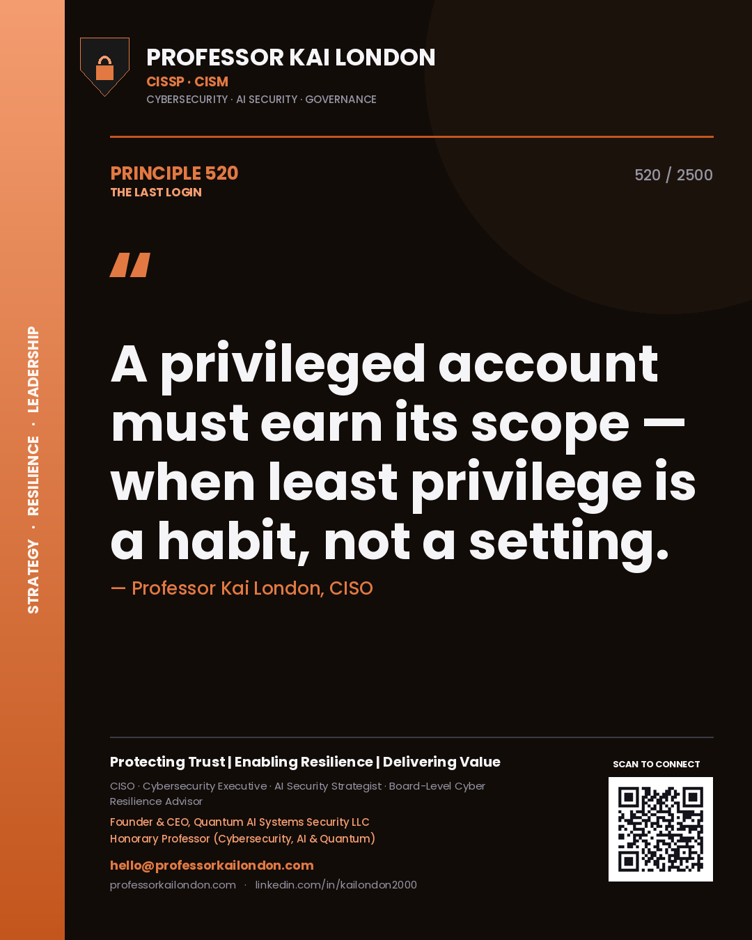 Quote card by Professor Kai London reading 'A privileged account must earn its scope — when least privilege is a habit, not a setting.'. From the book The Last Login.