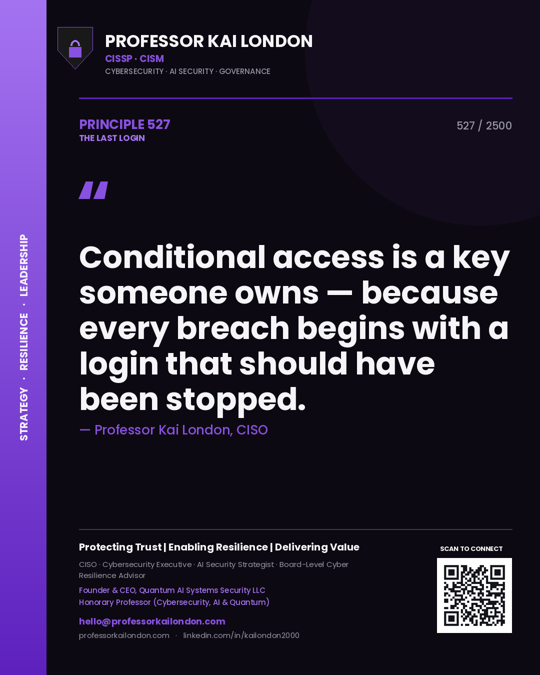 Professor Kai London principle 527: Conditional access is a key someone owns — because every breach begins with a login that should have been stopped.