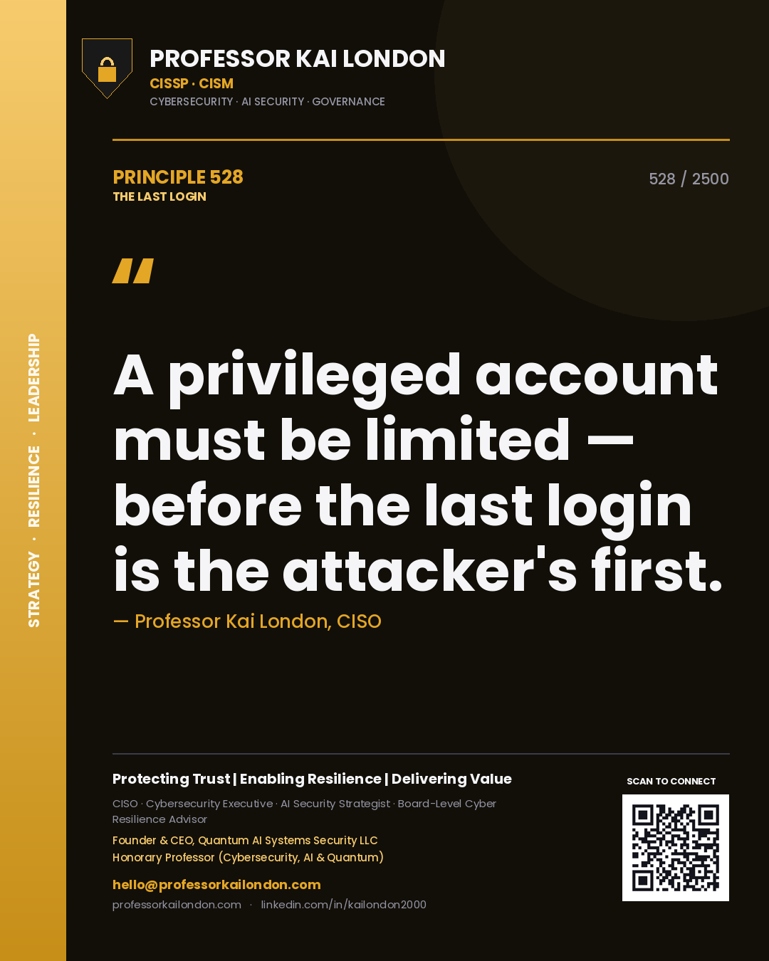 Quote card by Professor Kai London reading 'A privileged account must be limited — before the last login is the attacker's first.'. From the book The Last Login.