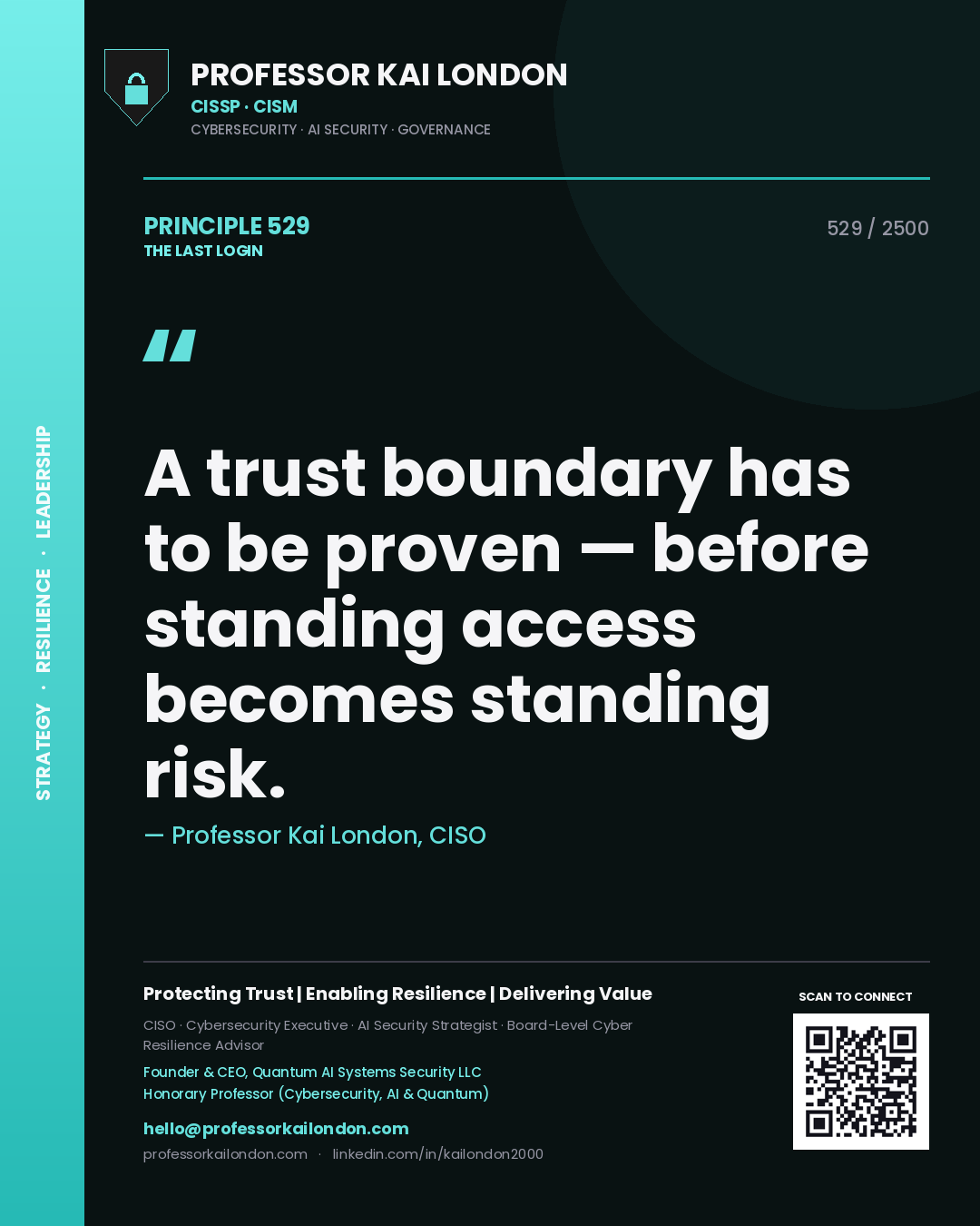 Quote card by Professor Kai London reading 'A trust boundary has to be proven — before standing access becomes standing risk.'. From the book The Last Login.