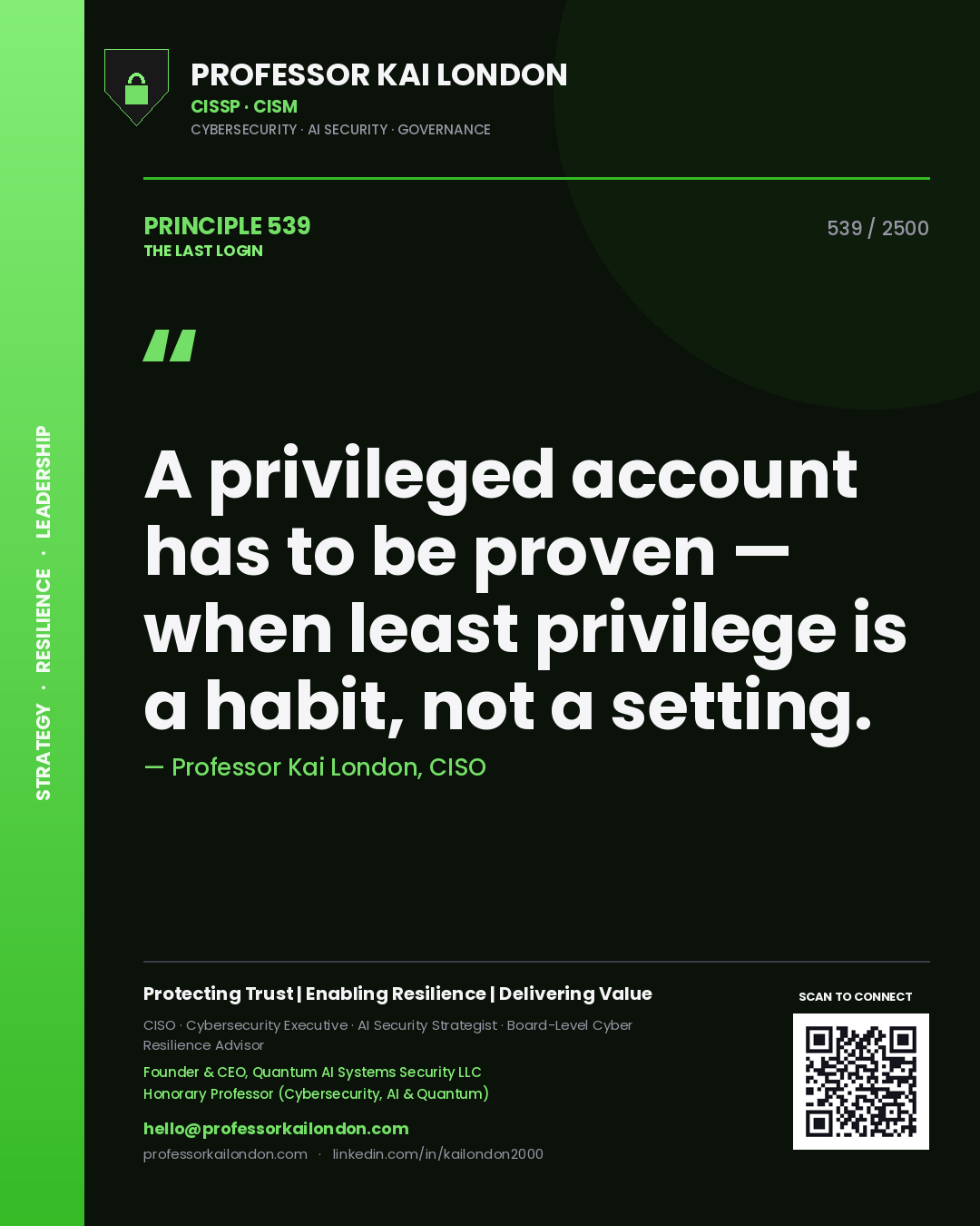 Quote card by Professor Kai London reading 'A privileged account has to be proven — when least privilege is a habit, not a setting.'. From the book The Last Login.
