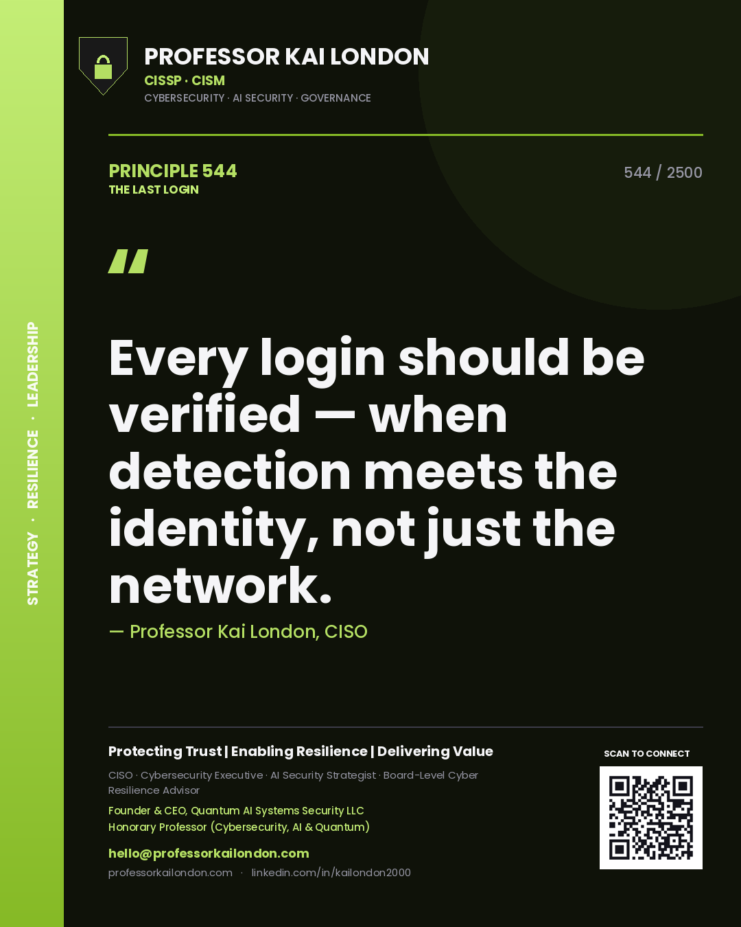 Quote card by Professor Kai London reading 'Every login should be verified — when detection meets the identity, not just the network.'. From the book The Last Login.