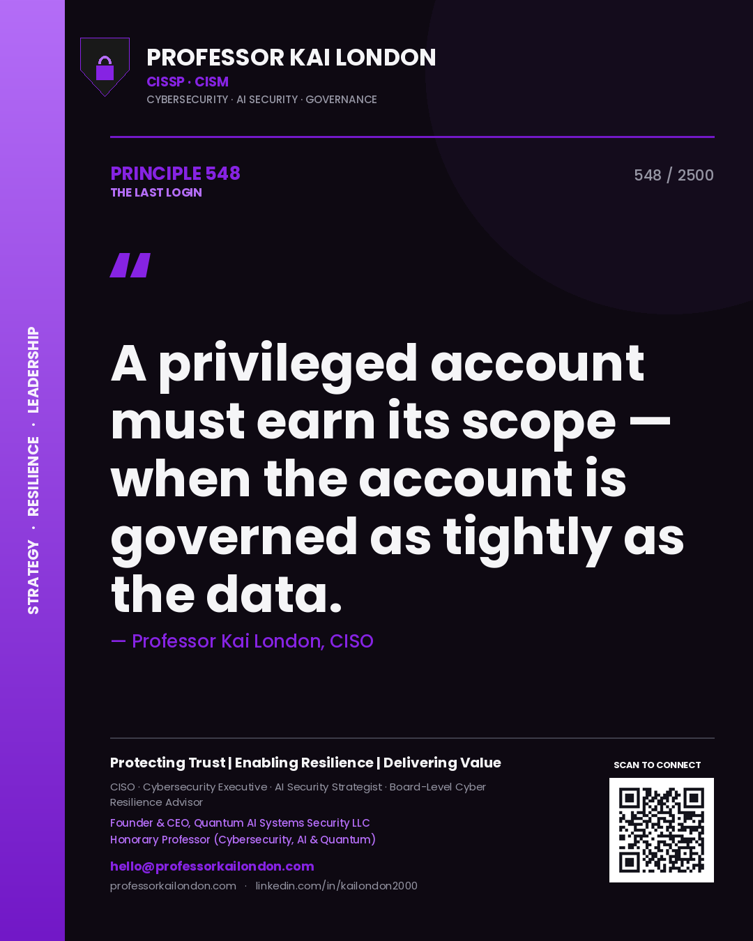 Quote card by Professor Kai London reading 'A privileged account must earn its scope — when the account is governed as tightly as the data.'. From the book The Last Login.