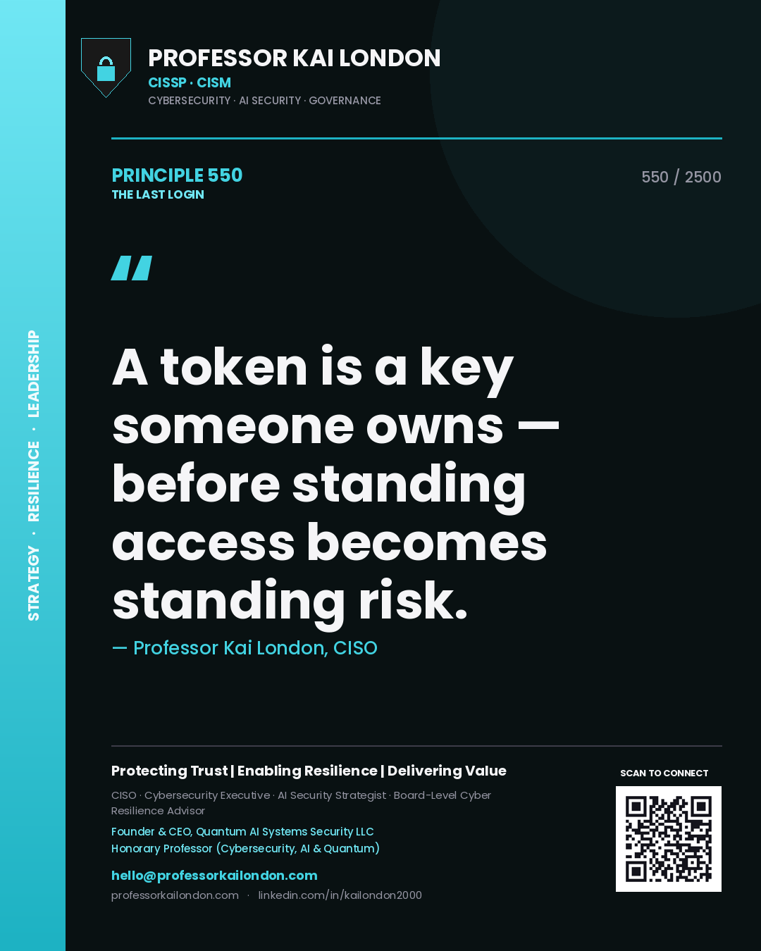 Quote card by Professor Kai London reading 'A token is a key someone owns — before standing access becomes standing risk.'. From the book The Last Login.
