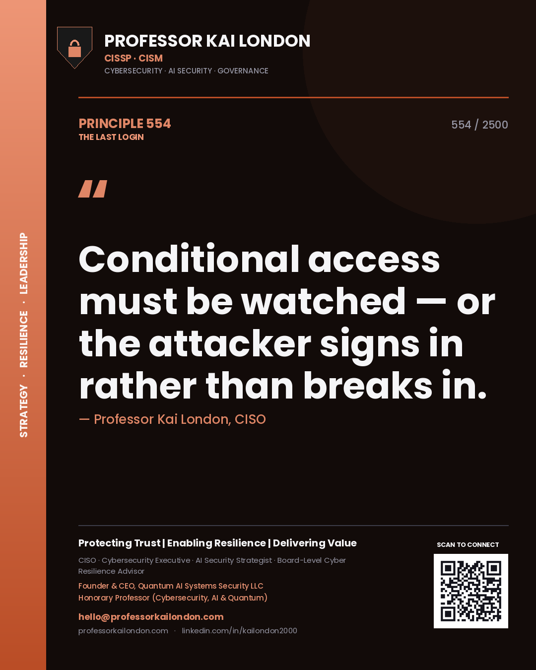 Quote card by Professor Kai London reading 'Conditional access must be watched — or the attacker signs in rather than breaks in.'. From the book The Last Login.
