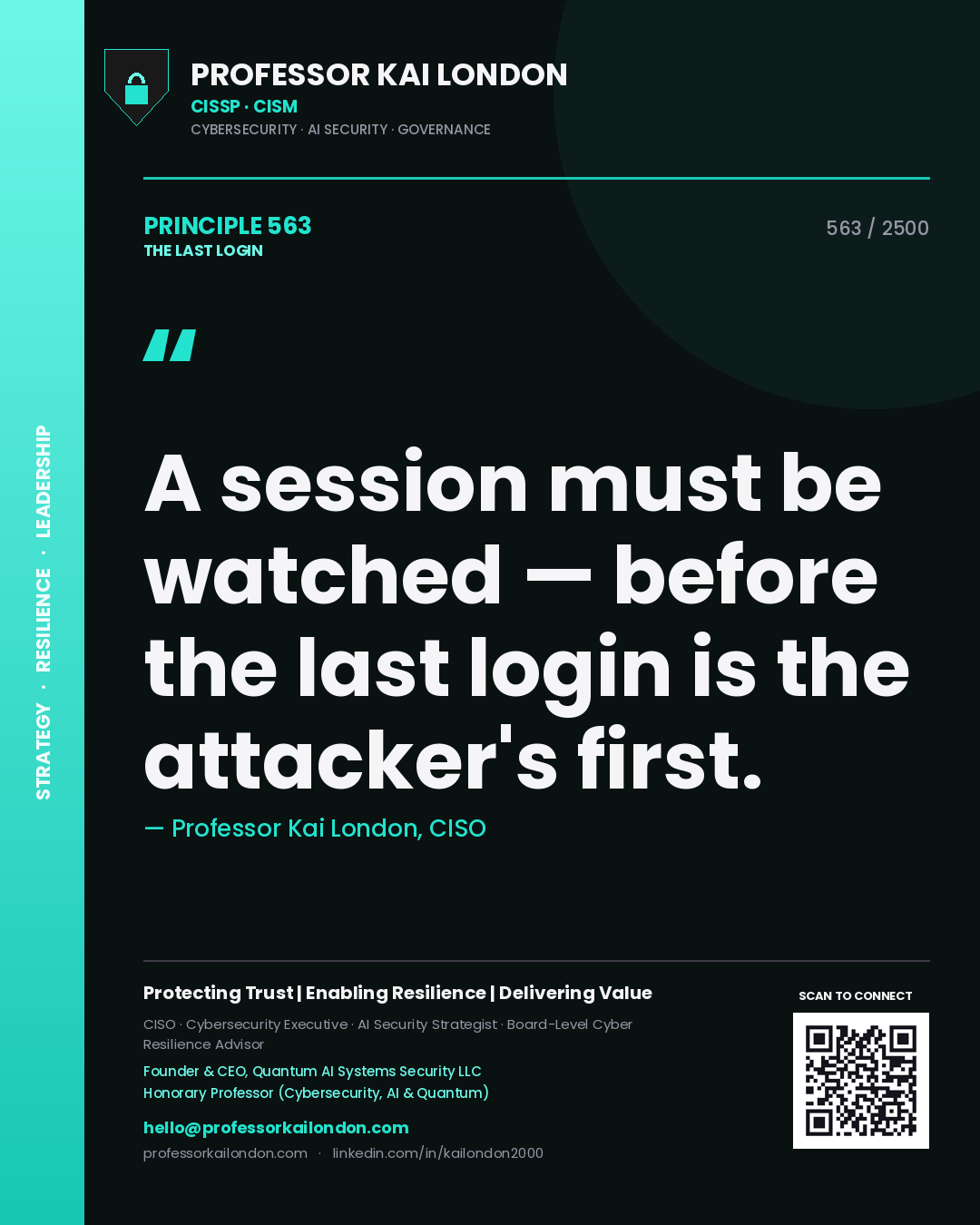 Quote card by Professor Kai London reading 'A session must be watched — before the last login is the attacker's first.'. From the book The Last Login.