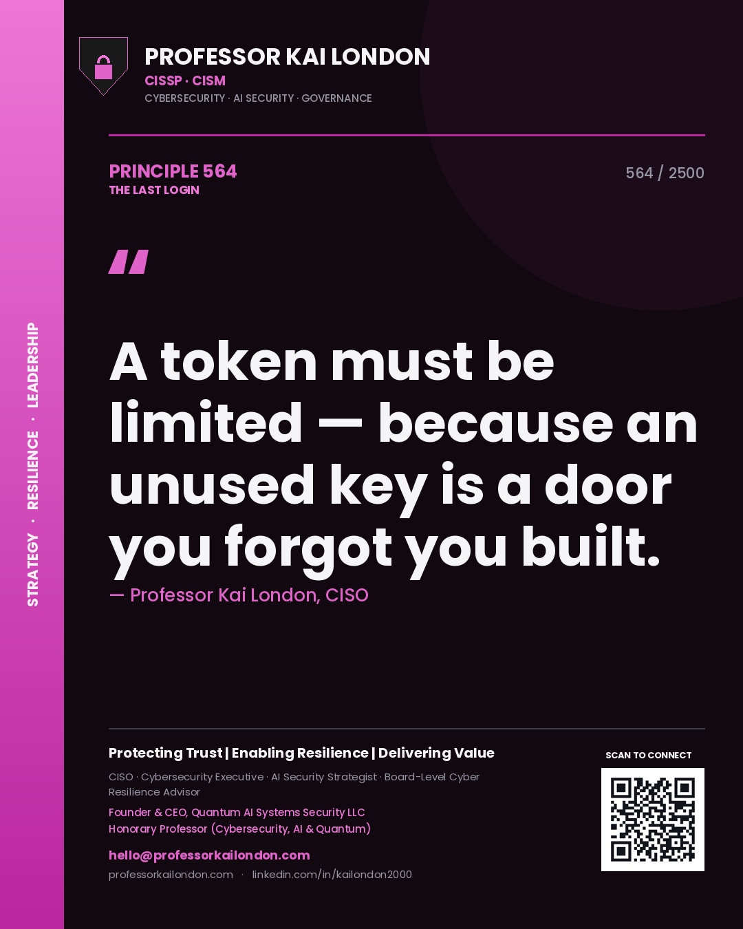 Quote card by Professor Kai London reading 'A token must be limited — because an unused key is a door you forgot you built.'. From the book The Last Login.