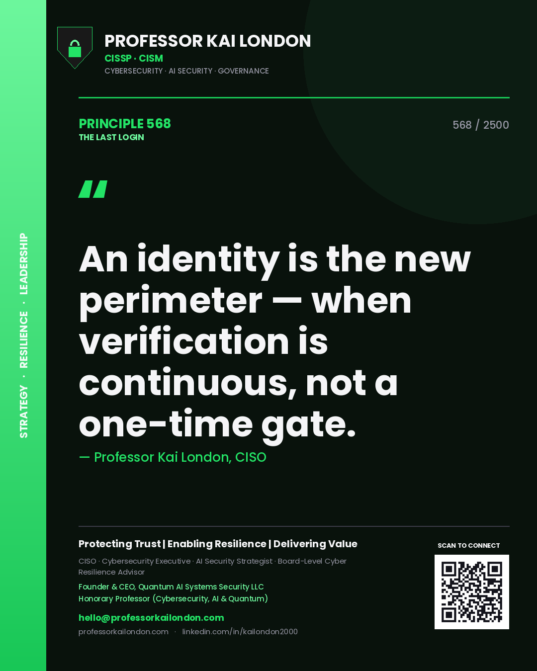 Quote card by Professor Kai London reading 'An identity is the new perimeter — when verification is continuous, not a one-time gate.'. From the book The Last Login.