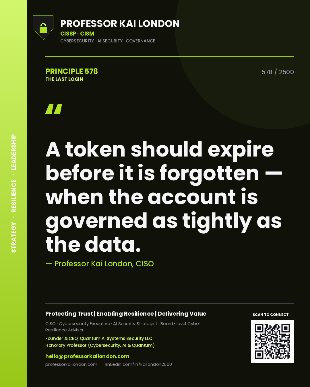Quote card by Professor Kai London reading 'A token should expire before it is forgotten — when the account is governed as tightly as the data.'. From the book The Last Login.