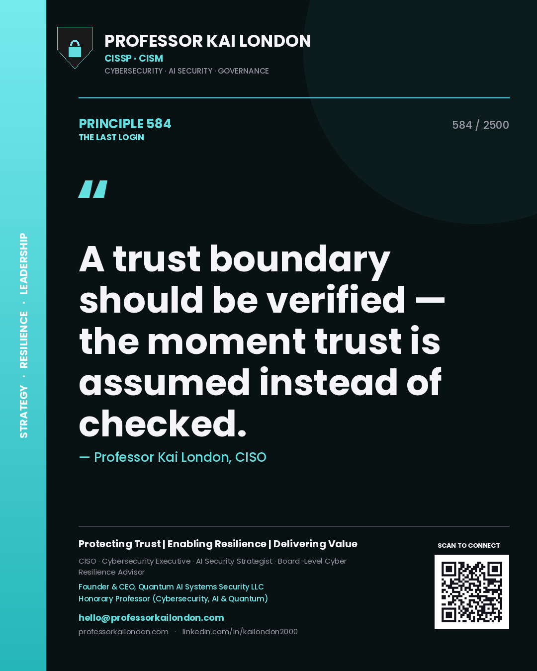 Quote card by Professor Kai London reading 'A trust boundary should be verified — the moment trust is assumed instead of checked.'. From the book The Last Login.