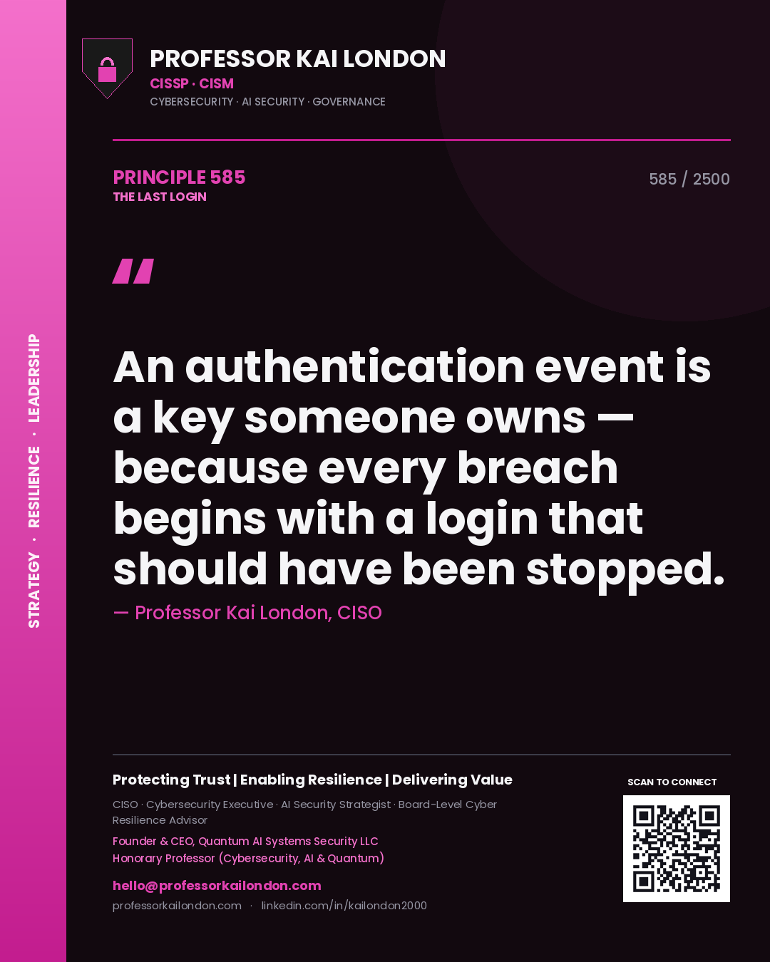 Quote card by Professor Kai London reading 'An authentication event is a key someone owns — because every breach begins with a login that should have been stopped.'. From the book The Last Login.