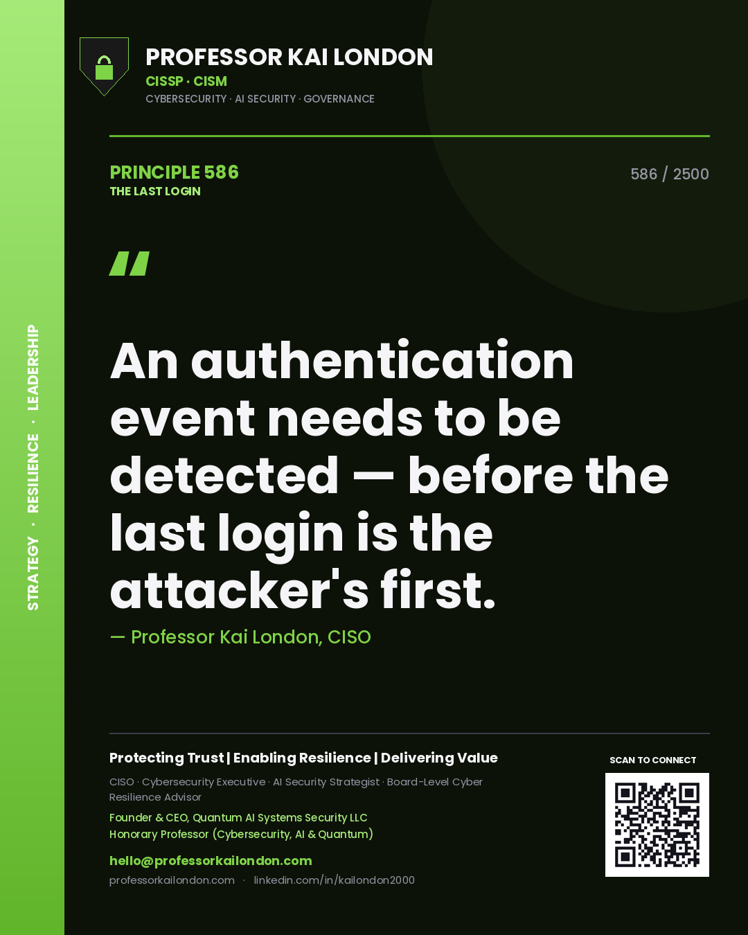 Quote card by Professor Kai London reading 'An authentication event needs to be detected — before the last login is the attacker's first.'. From the book The Last Login.