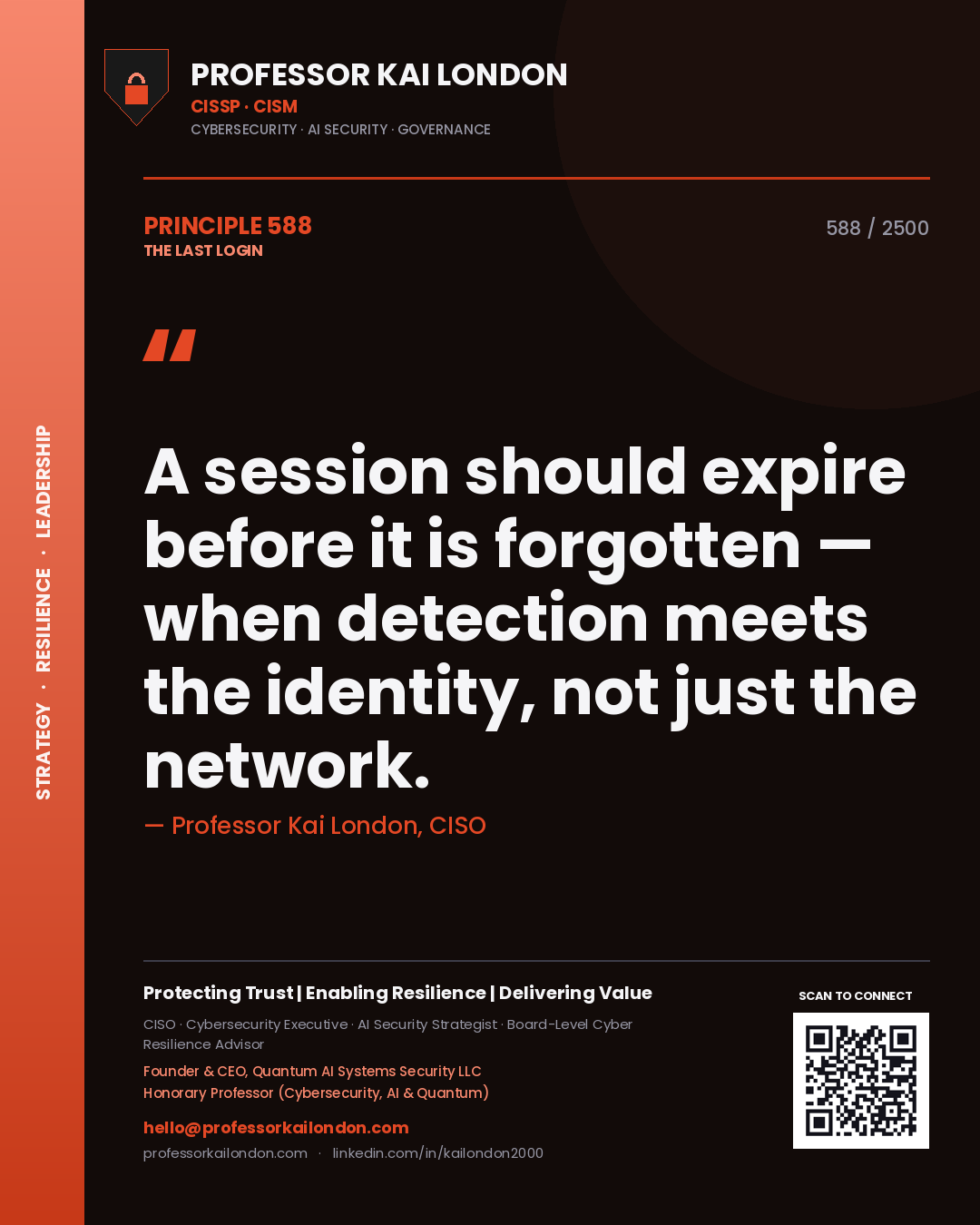 Quote card by Professor Kai London reading 'A session should expire before it is forgotten — when detection meets the identity, not just the network.'. From the book The Last Login.
