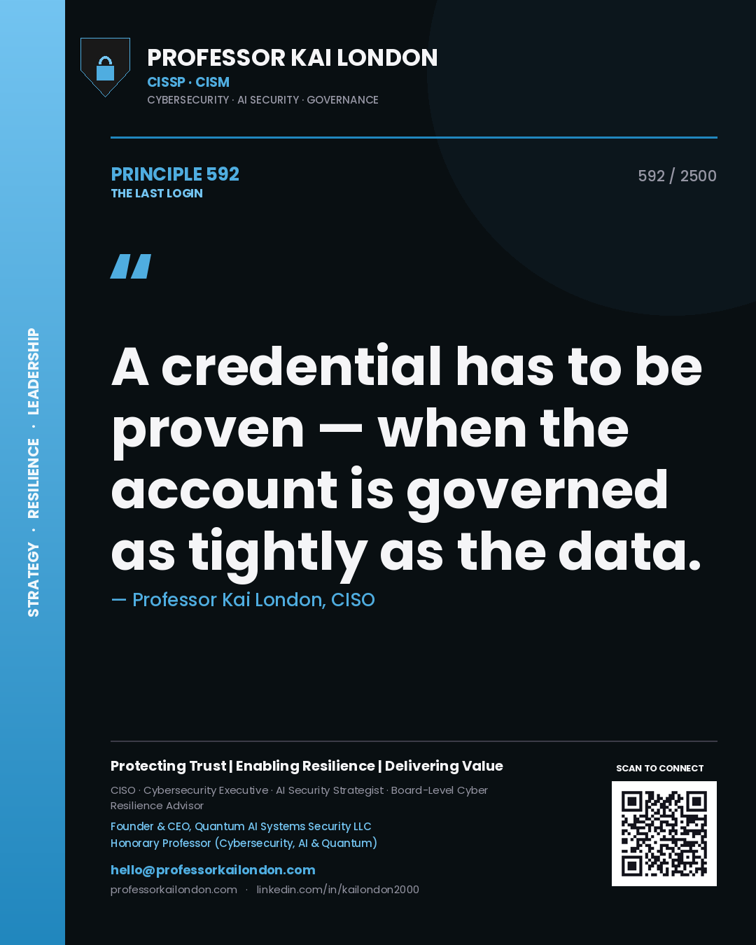 Quote card by Professor Kai London reading 'A credential has to be proven — when the account is governed as tightly as the data.'. From the book The Last Login.