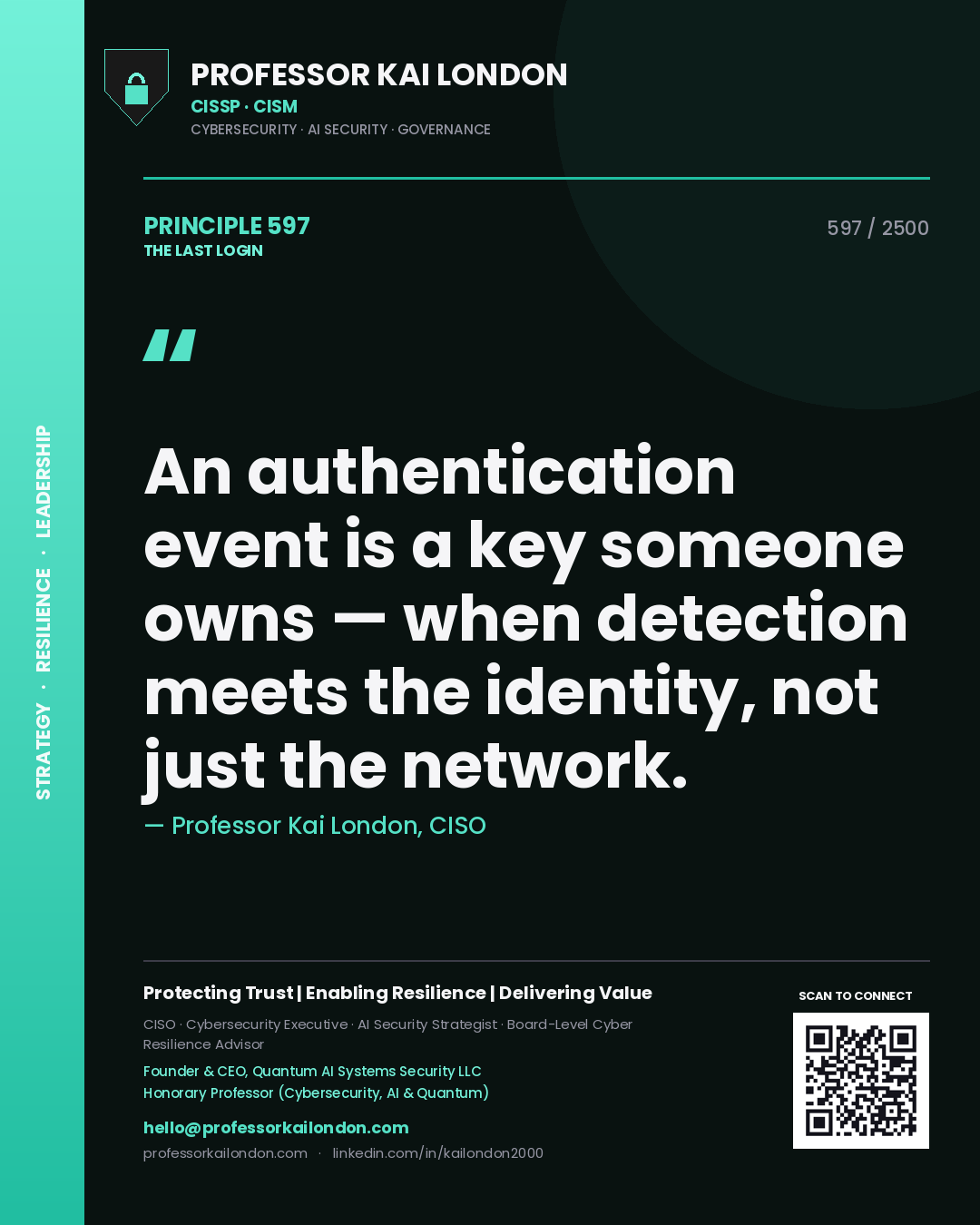 Quote card by Professor Kai London reading 'An authentication event is a key someone owns — when detection meets the identity, not just the network.'. From the book The Last Login.