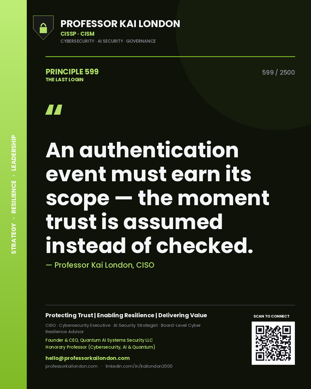Quote card by Professor Kai London reading 'An authentication event must earn its scope — the moment trust is assumed instead of checked.'. From the book The Last Login.