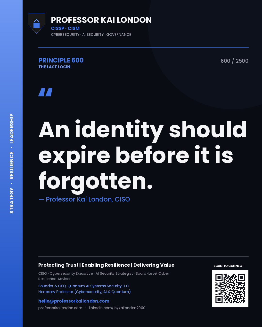 Quote card by Professor Kai London reading 'An identity should expire before it is forgotten.'. From the book The Last Login.