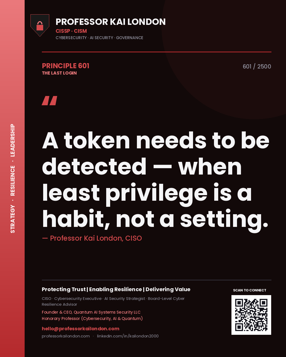 Quote card by Professor Kai London reading 'A token needs to be detected — when least privilege is a habit, not a setting.'. From the book The Last Login.