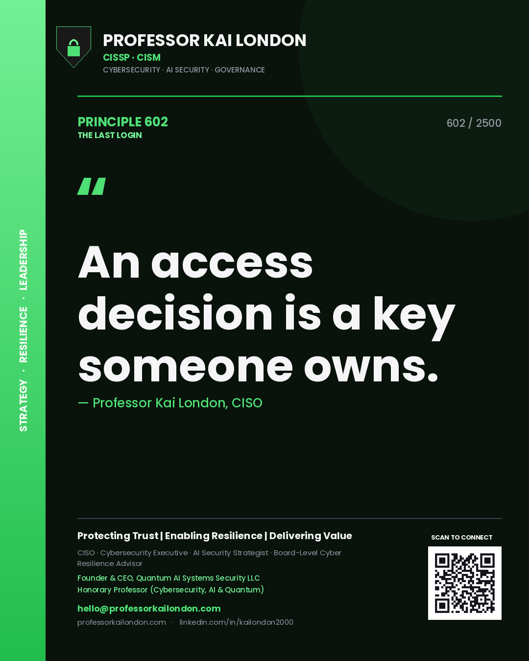 Quote card by Professor Kai London reading 'An access decision is a key someone owns.'. From the book The Last Login.