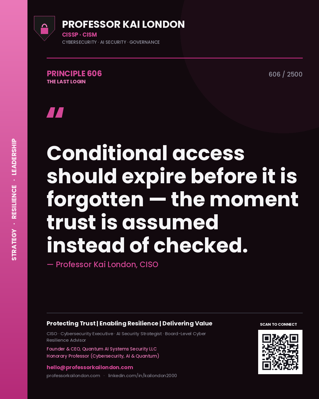 Quote card by Professor Kai London reading 'Conditional access should expire before it is forgotten — the moment trust is assumed instead of checked.'. From the book The Last Login.