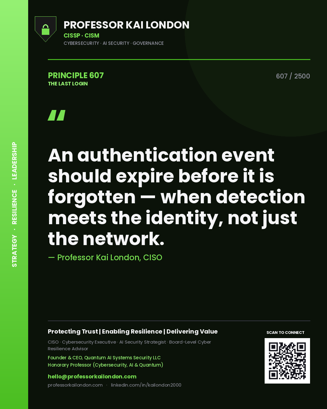 Quote card by Professor Kai London reading 'An authentication event should expire before it is forgotten — when detection meets the identity, not just the network.'. From the book The Last Login.