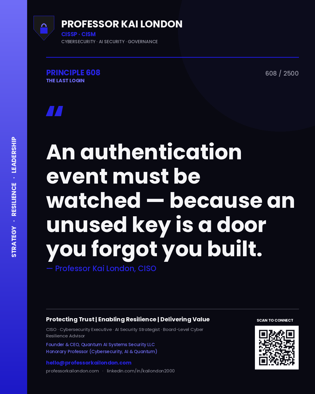 Quote card by Professor Kai London reading 'An authentication event must be watched — because an unused key is a door you forgot you built.'. From the book The Last Login.