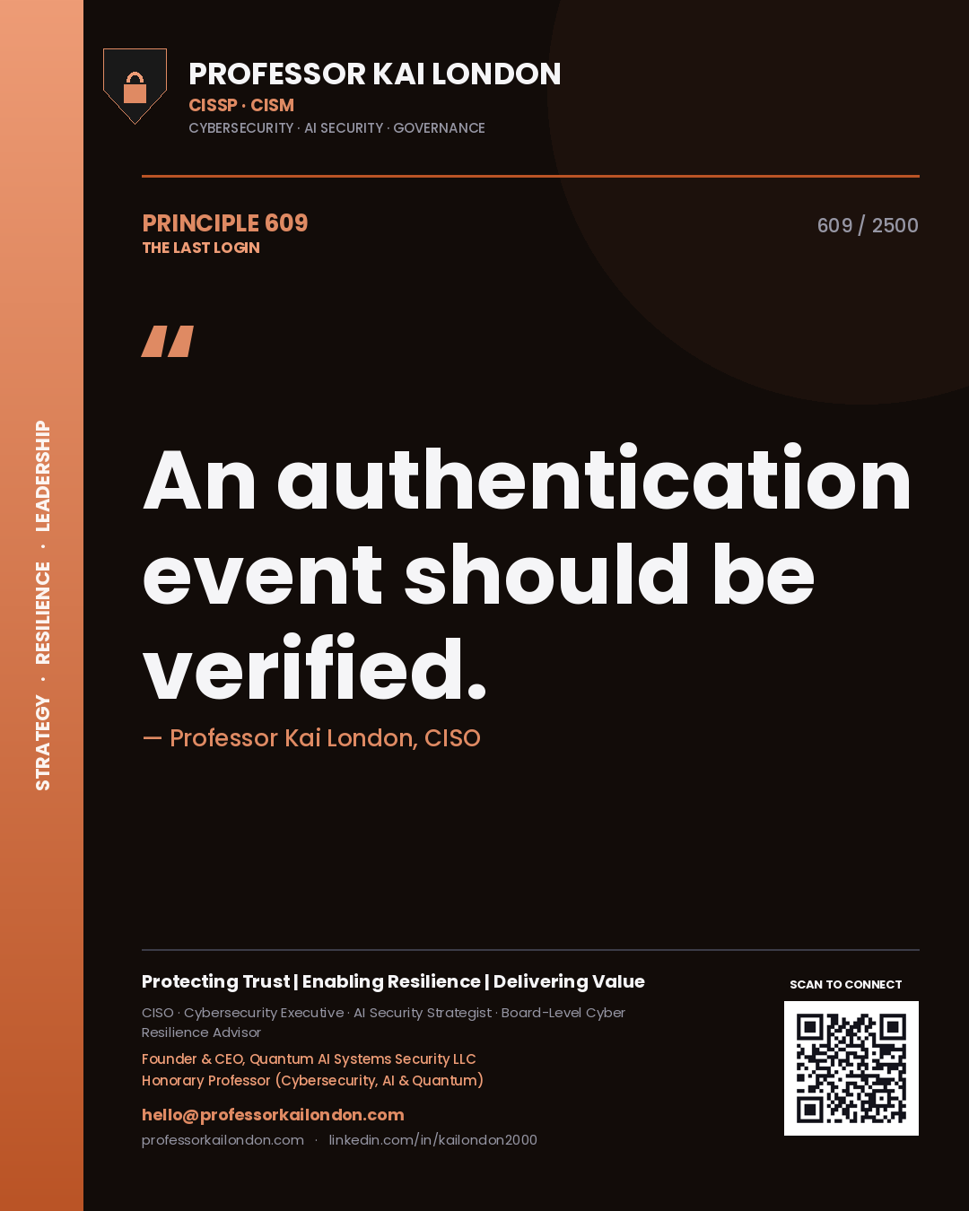 Quote card by Professor Kai London reading 'An authentication event should be verified.'. From the book The Last Login.
