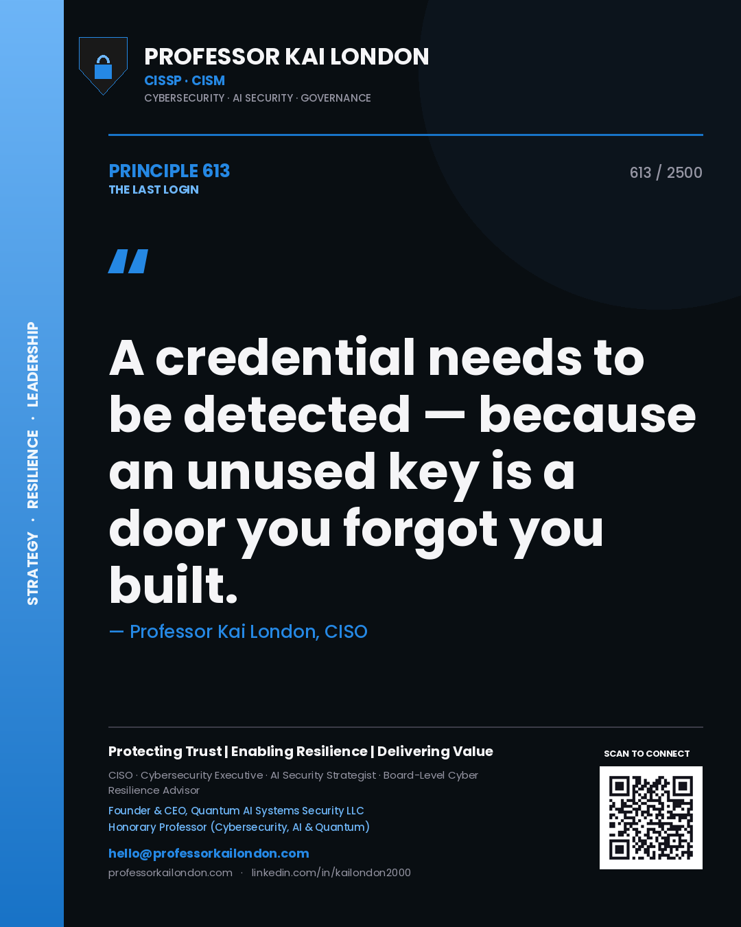 Quote card by Professor Kai London reading 'A credential needs to be detected — because an unused key is a door you forgot you built.'. From the book The Last Login.