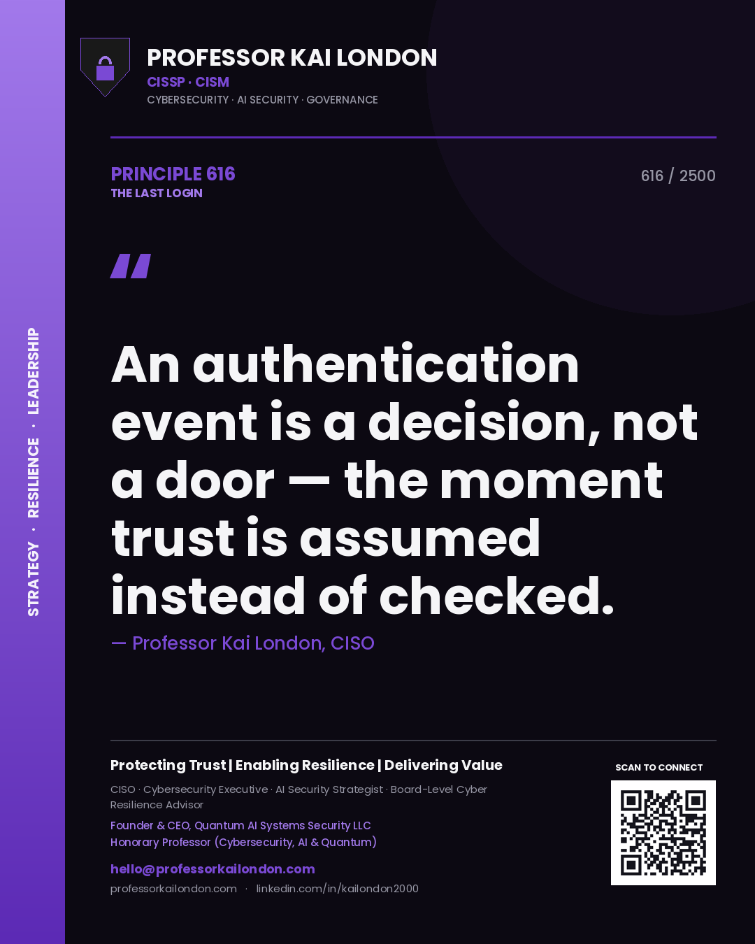 Quote card by Professor Kai London reading 'An authentication event is a decision, not a door — the moment trust is assumed instead of checked.'. From the book The Last Login.