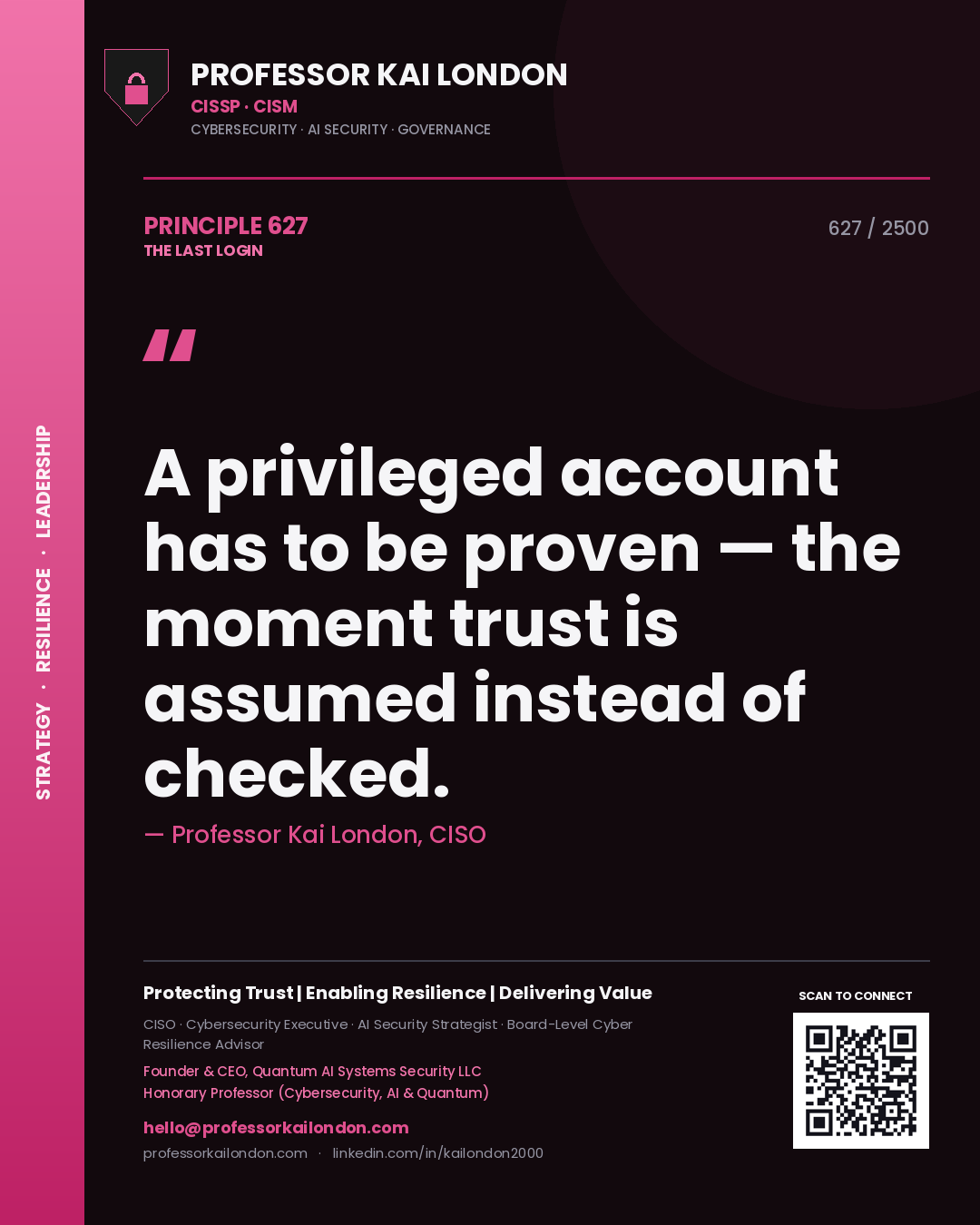 Quote card by Professor Kai London reading 'A privileged account has to be proven — the moment trust is assumed instead of checked.'. From the book The Last Login.