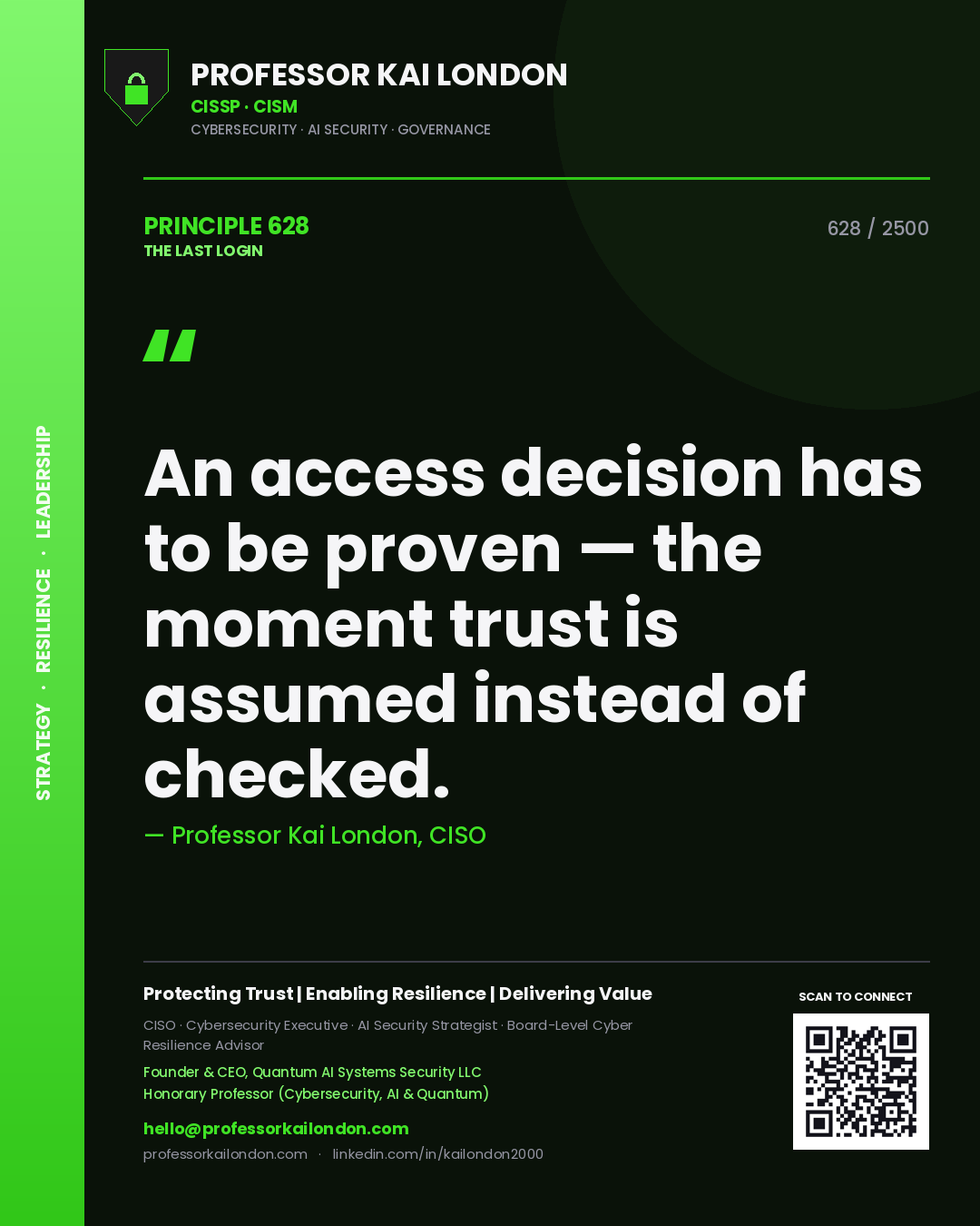 Quote card by Professor Kai London reading 'An access decision has to be proven — the moment trust is assumed instead of checked.'. From the book The Last Login.