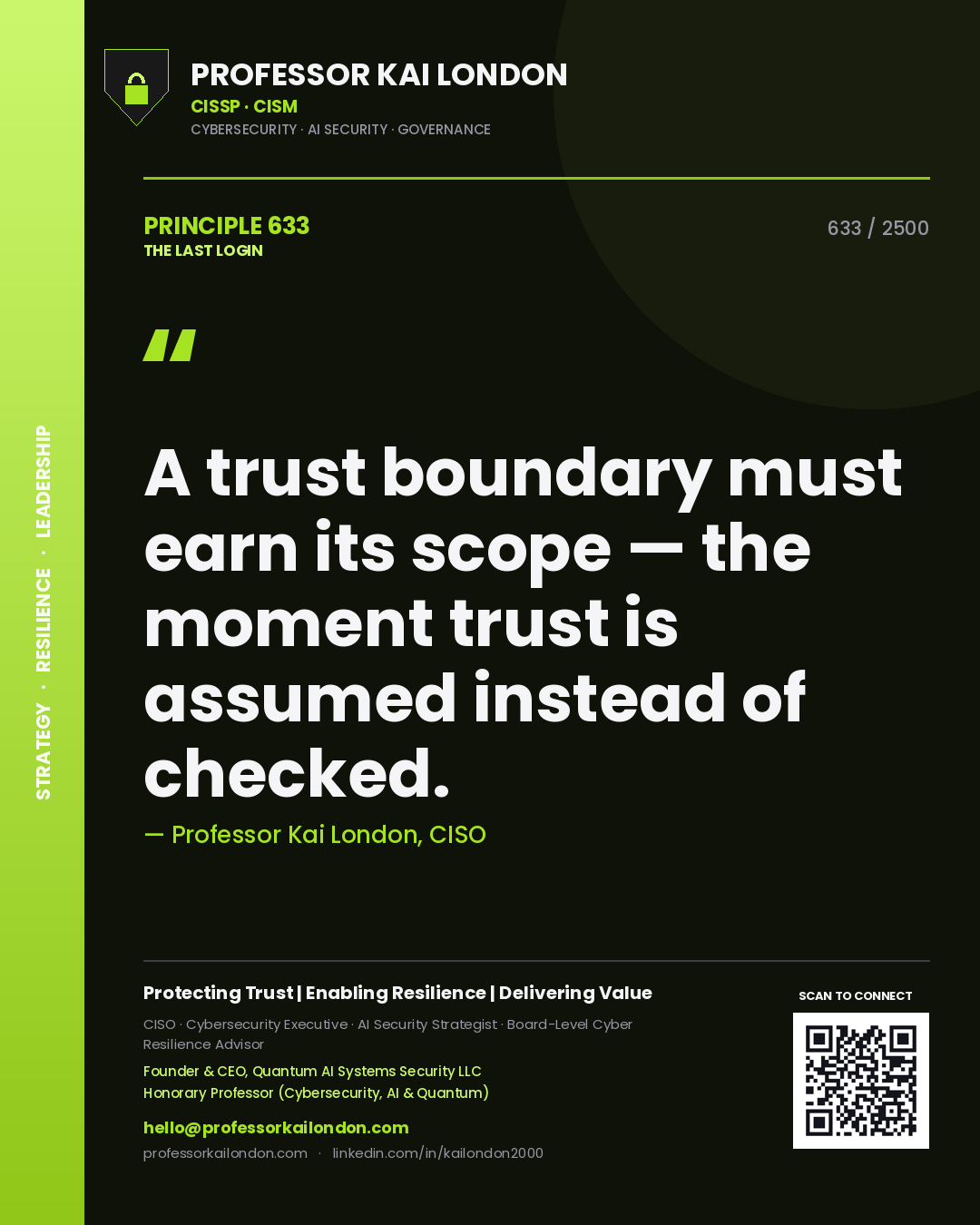 Quote card by Professor Kai London reading 'A trust boundary must earn its scope — the moment trust is assumed instead of checked.'. From the book The Last Login.