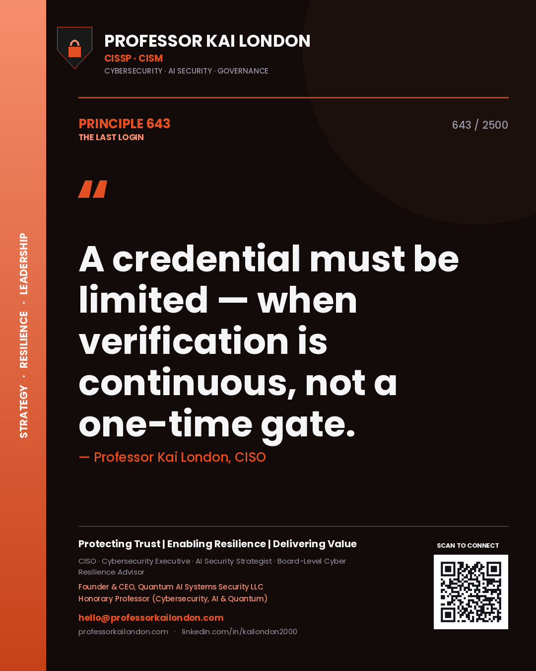 Quote card by Professor Kai London reading 'A credential must be limited — when verification is continuous, not a one-time gate.'. From the book The Last Login.