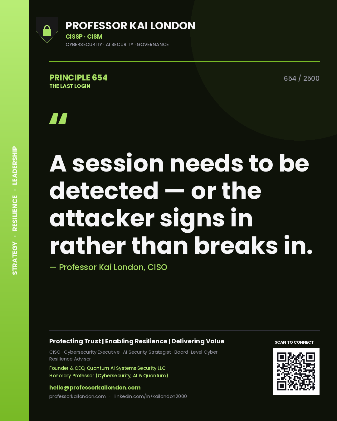 Quote card by Professor Kai London reading 'A session needs to be detected — or the attacker signs in rather than breaks in.'. From the book The Last Login.
