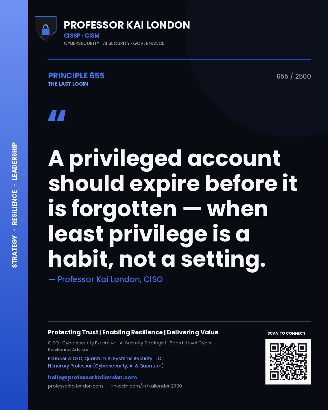 Quote card by Professor Kai London reading 'A privileged account should expire before it is forgotten — when least privilege is a habit, not a setting.'. From the book The Last Login.