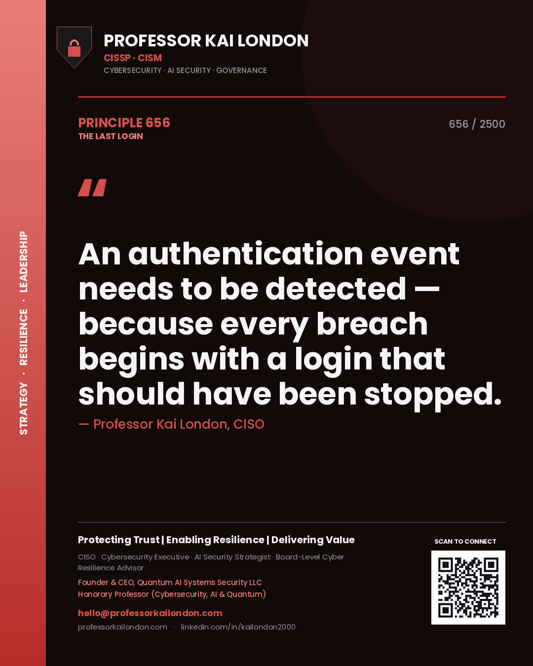 Quote card by Professor Kai London reading 'An authentication event needs to be detected — because every breach begins with a login that should have been stopped.'. From the book The Last Login.