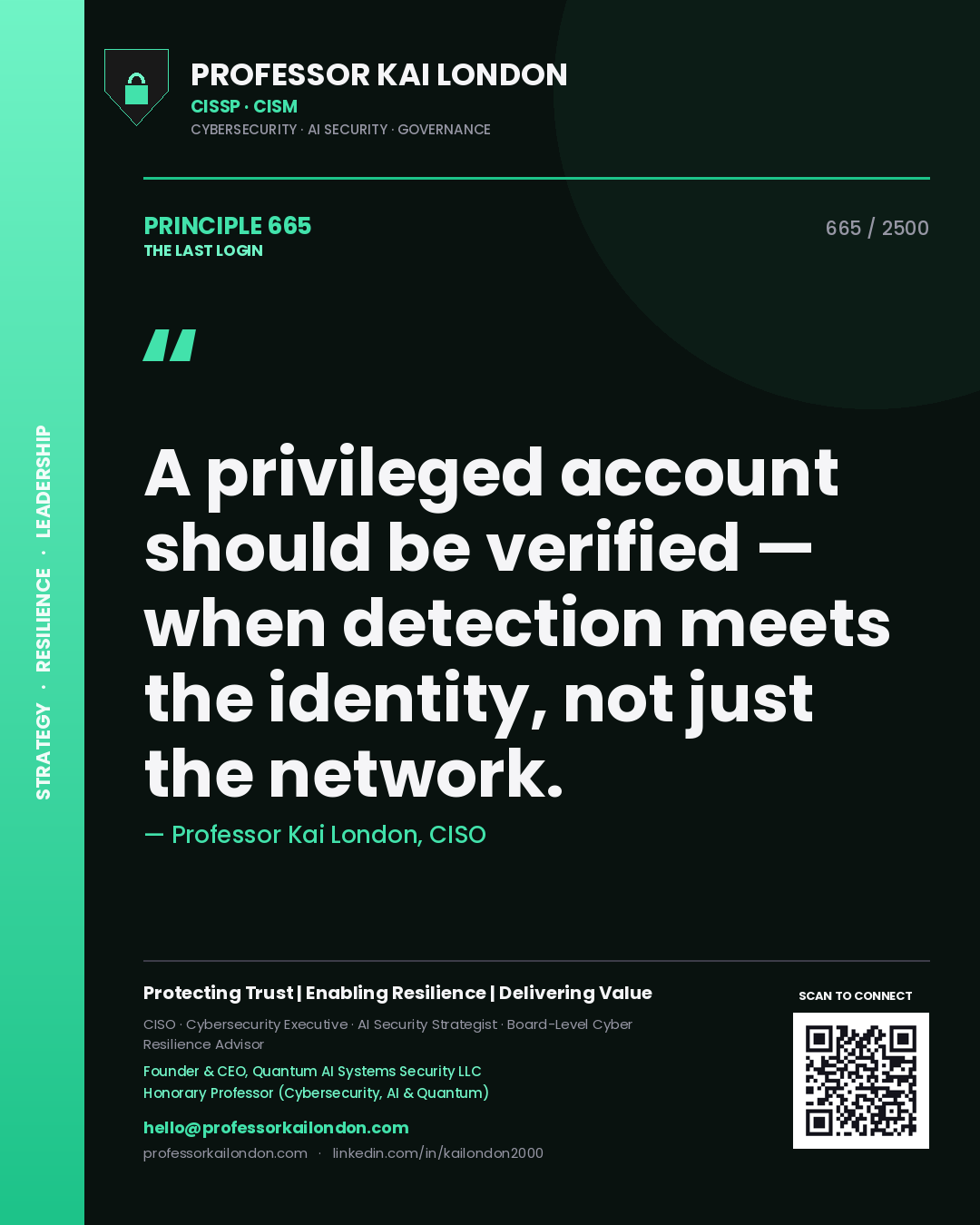 Quote card by Professor Kai London reading 'A privileged account should be verified — when detection meets the identity, not just the network.'. From the book The Last Login.
