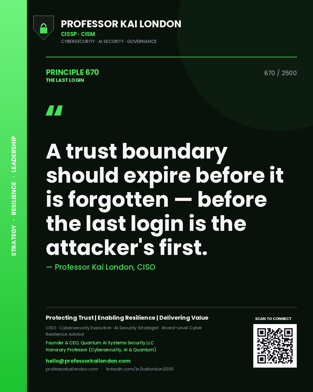 Quote card by Professor Kai London reading 'A trust boundary should expire before it is forgotten — before the last login is the attacker's first.'. From the book The Last Login.