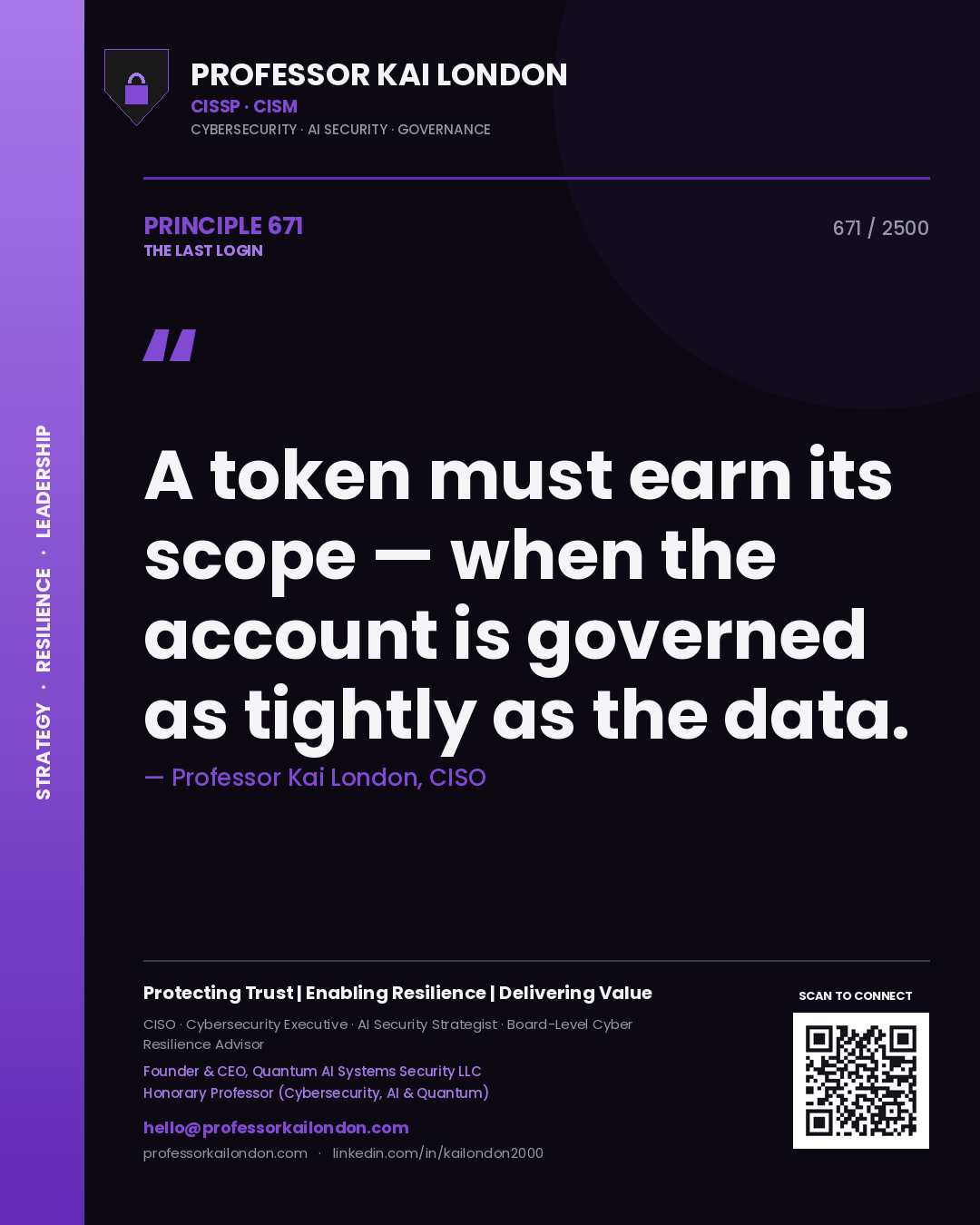 Quote card by Professor Kai London reading 'A token must earn its scope — when the account is governed as tightly as the data.'. From the book The Last Login.