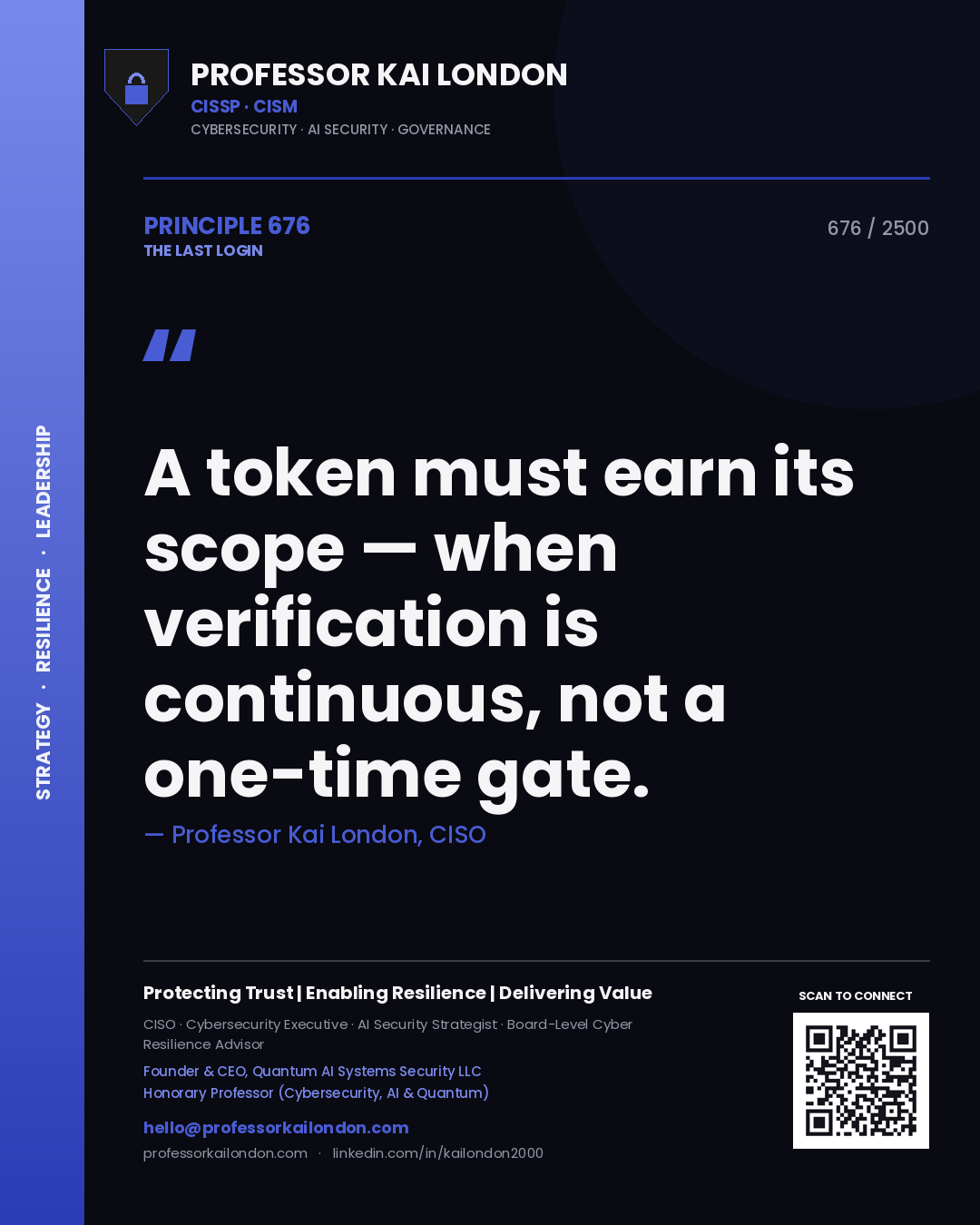 Quote card by Professor Kai London reading 'A token must earn its scope — when verification is continuous, not a one-time gate.'. From the book The Last Login.