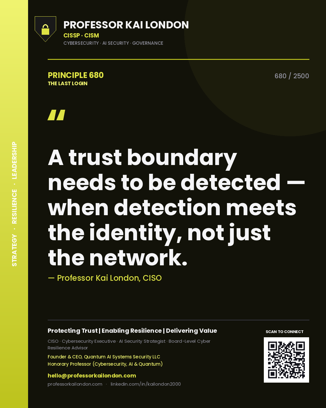 Quote card by Professor Kai London reading 'A trust boundary needs to be detected — when detection meets the identity, not just the network.'. From the book The Last Login.