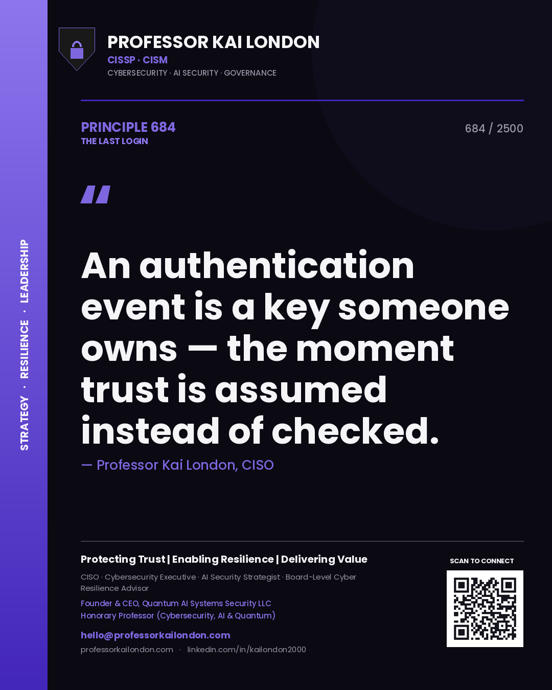 Quote card by Professor Kai London reading 'An authentication event is a key someone owns — the moment trust is assumed instead of checked.'. From the book The Last Login.