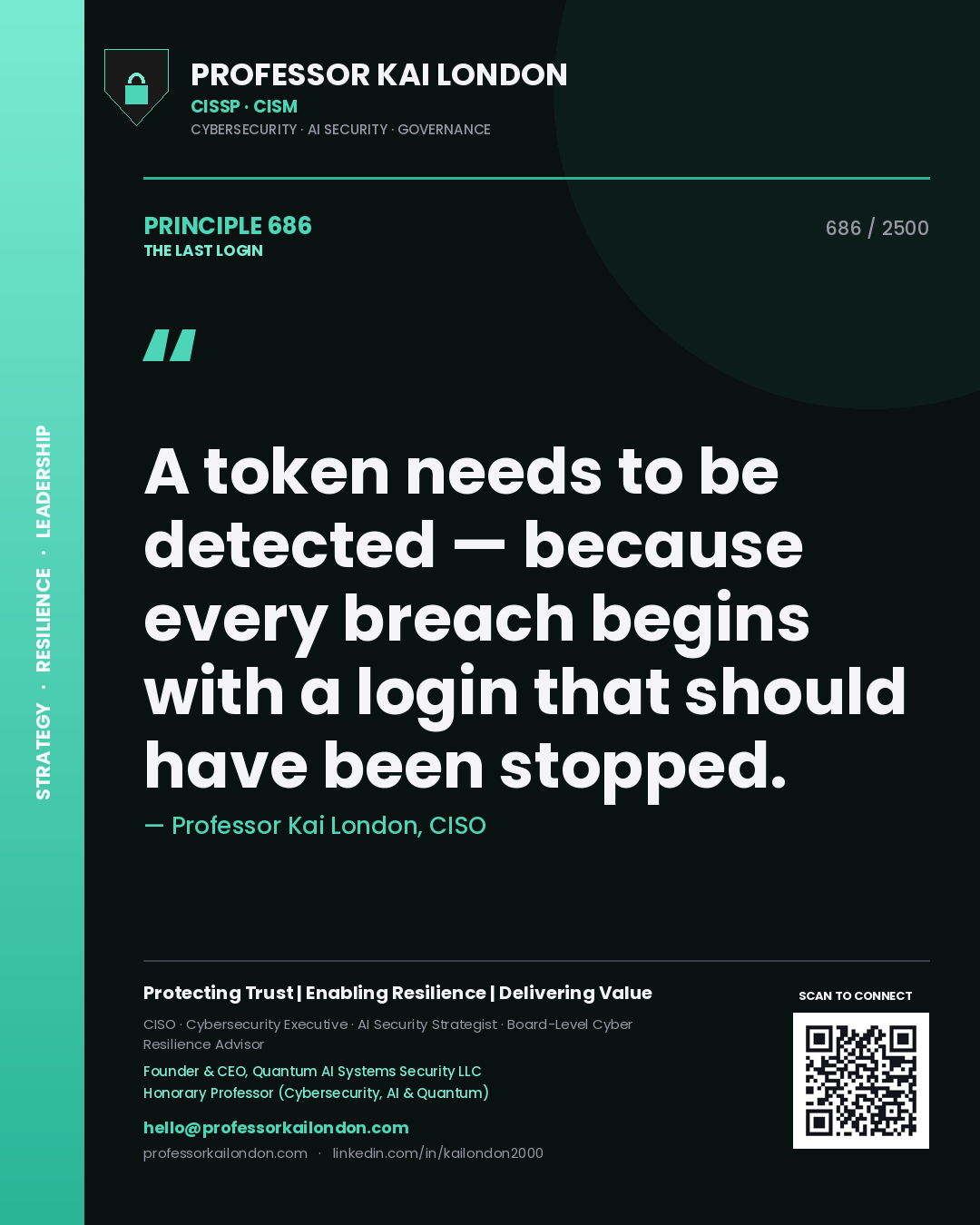 Quote card by Professor Kai London reading 'A token needs to be detected — because every breach begins with a login that should have been stopped.'. From the book The Last Login.