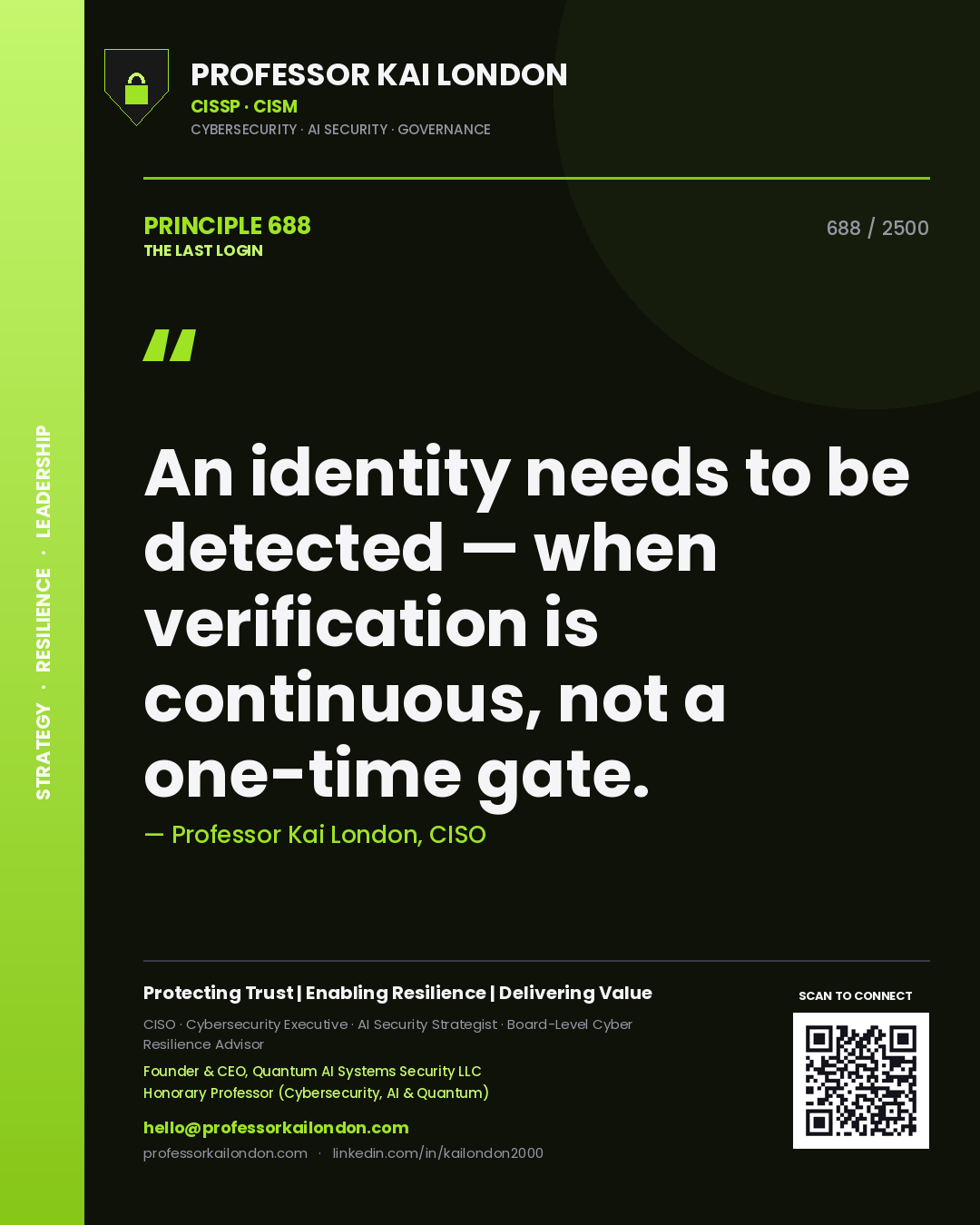 Quote card by Professor Kai London reading 'An identity needs to be detected — when verification is continuous, not a one-time gate.'. From the book The Last Login.
