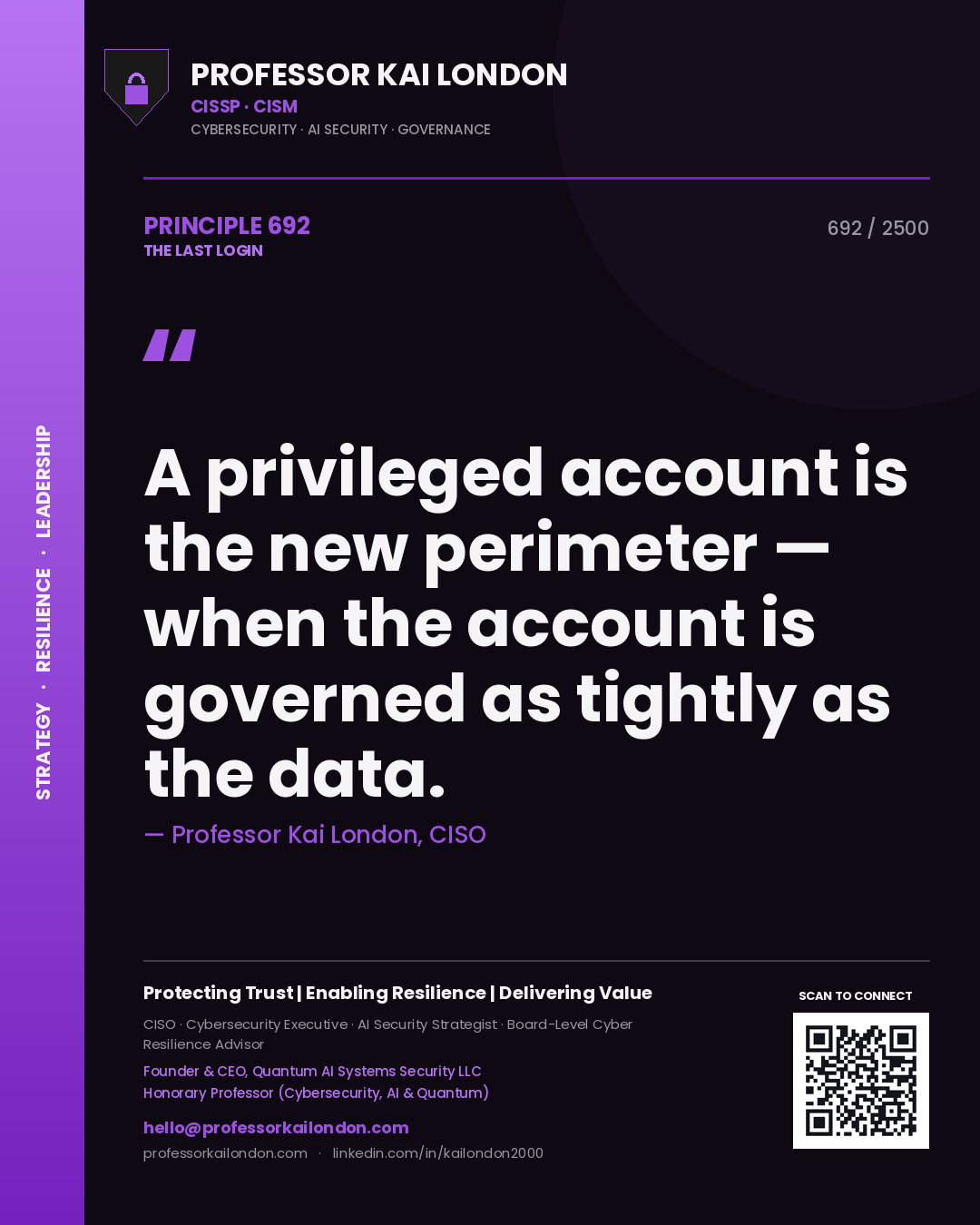 Quote card by Professor Kai London reading 'A privileged account is the new perimeter — when the account is governed as tightly as the data.'. From the book The Last Login.