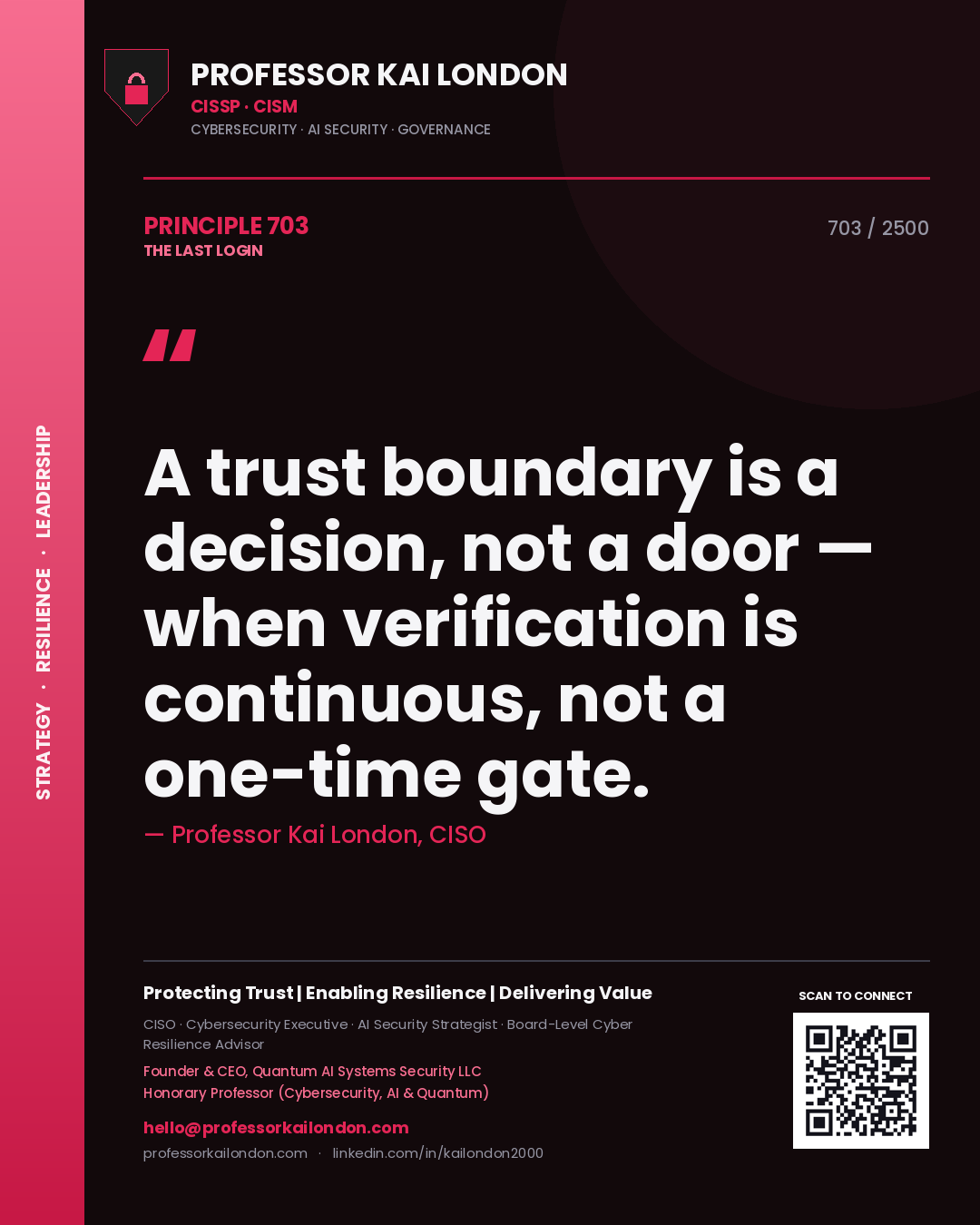 Professor Kai London principle 703: A trust boundary is a decision, not a door — when verification is continuous, not a one-time gate.