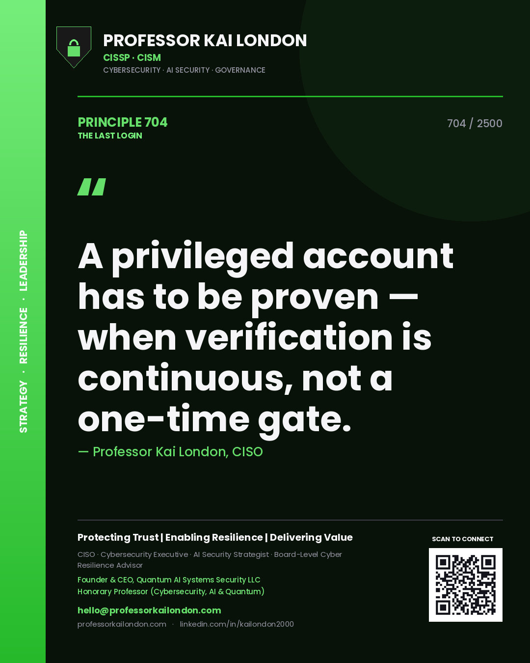 Quote card by Professor Kai London reading 'A privileged account has to be proven — when verification is continuous, not a one-time gate.'. From the book The Last Login.